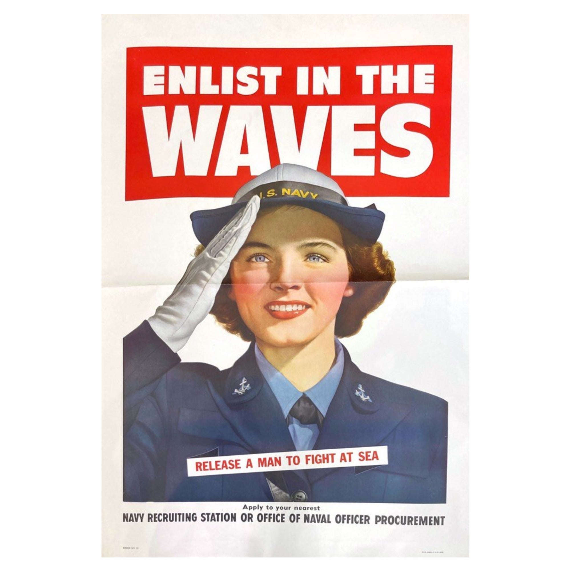 "Enlist in the Waves. Release a Man to Fight At Sea. " Vintage WWII Navy Recruitment Poster, 1943