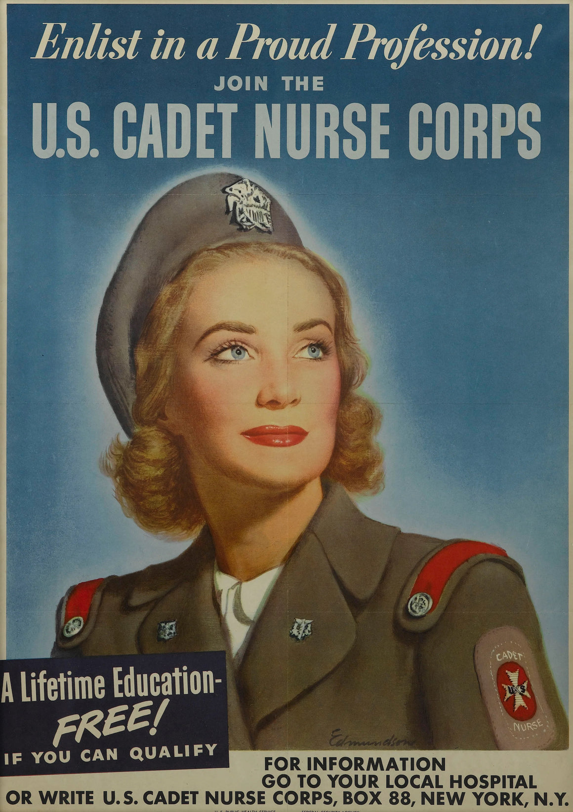 "Enlist in a Proud Profession. Join the U.S. Cadet Nurse Corps." Vintage WWII Recruitment Poster by Carolyn Edmundson