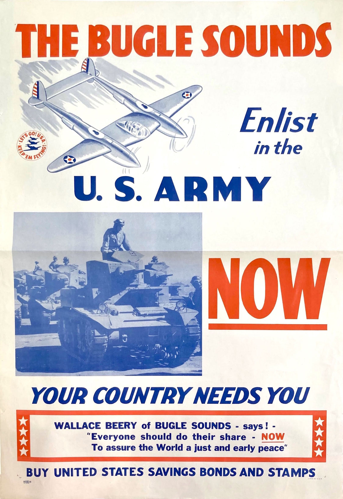 "The Bugle Sounds, Enlist in the U.S. Army Now" Vintage WWII Army Recruitment Poster