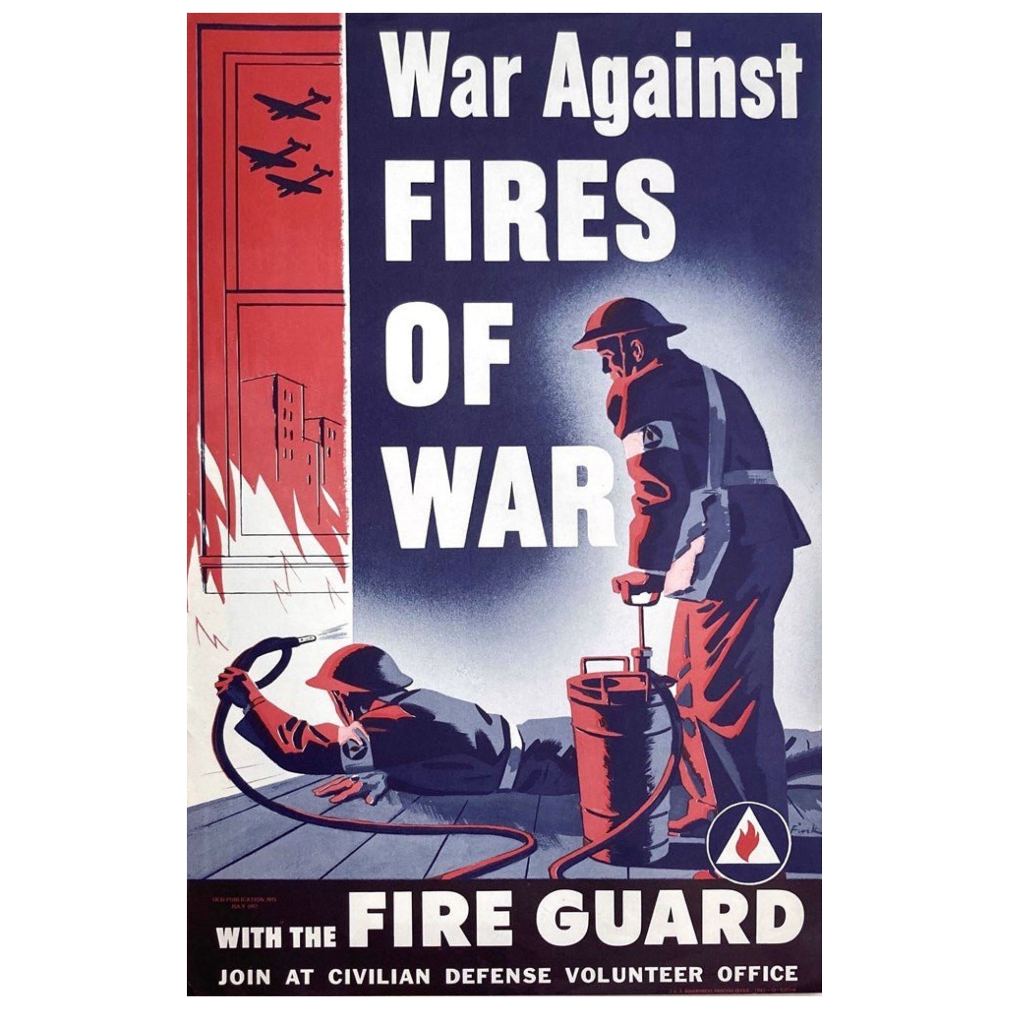 "War Against Fires of War with the Fire Guard" Vintage WWII Civilian Defense Volunteer Poster by Fink, 1943