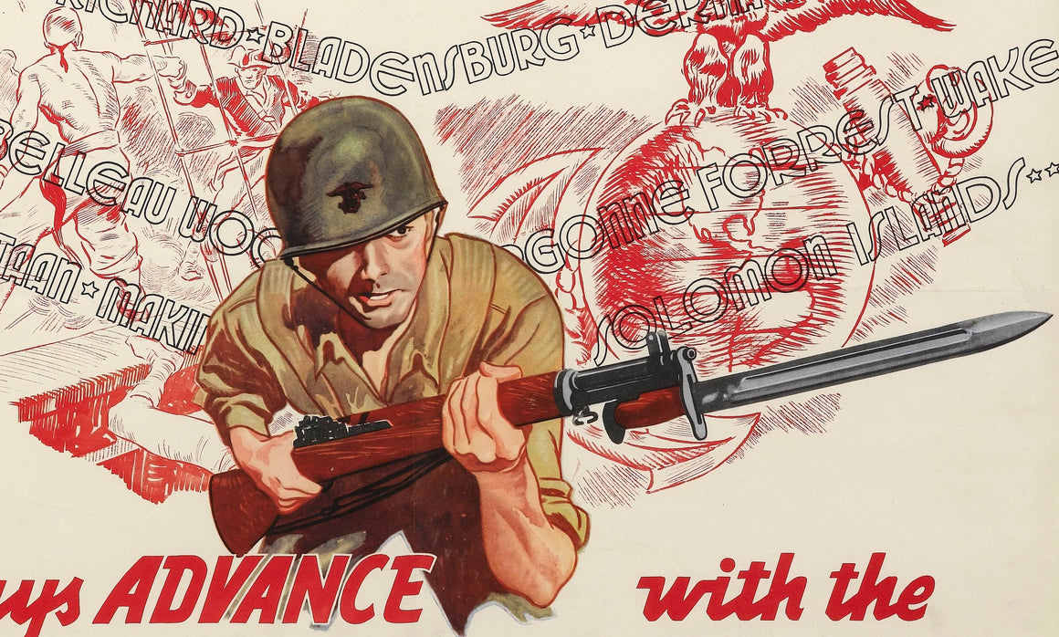"1775- 167th Anniversary - 1942. Always Advance with the U.S. Marines" Vintage WWII Marines Recruitment Poster