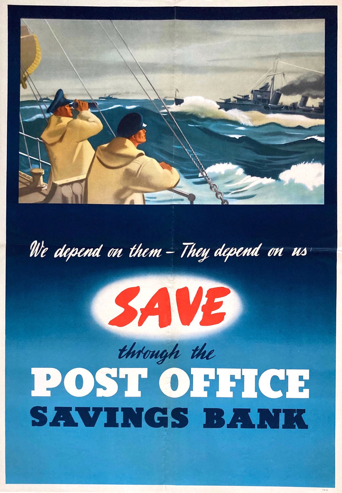 "We depend on them- They depend on us. Save through the Post Office Savings Bank" Vintage WWII Poster, 1942