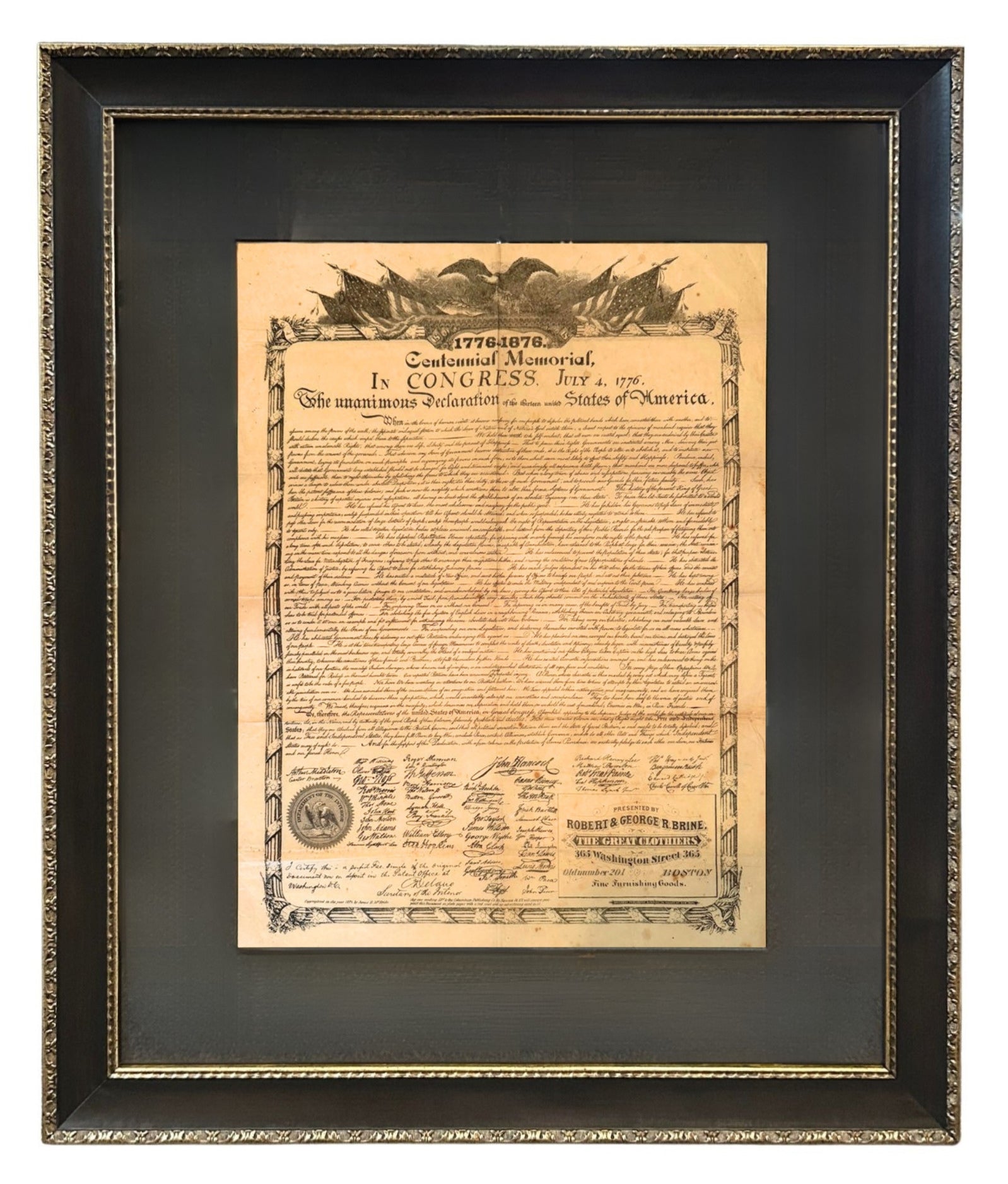 1876 Declaration of Independence Centennial Memorial Broadside by James D. Mcbride, Published by Columbian Publishing Company