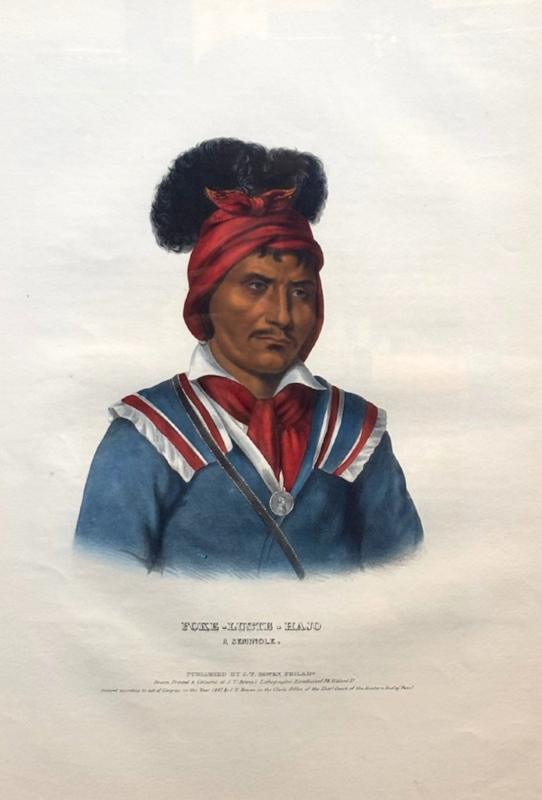 "Foke-Luste-Hajo, A Seminole" Hand-colored Lithograph by Thomas L. McKenney and James Hall, Folio Edition, 1842