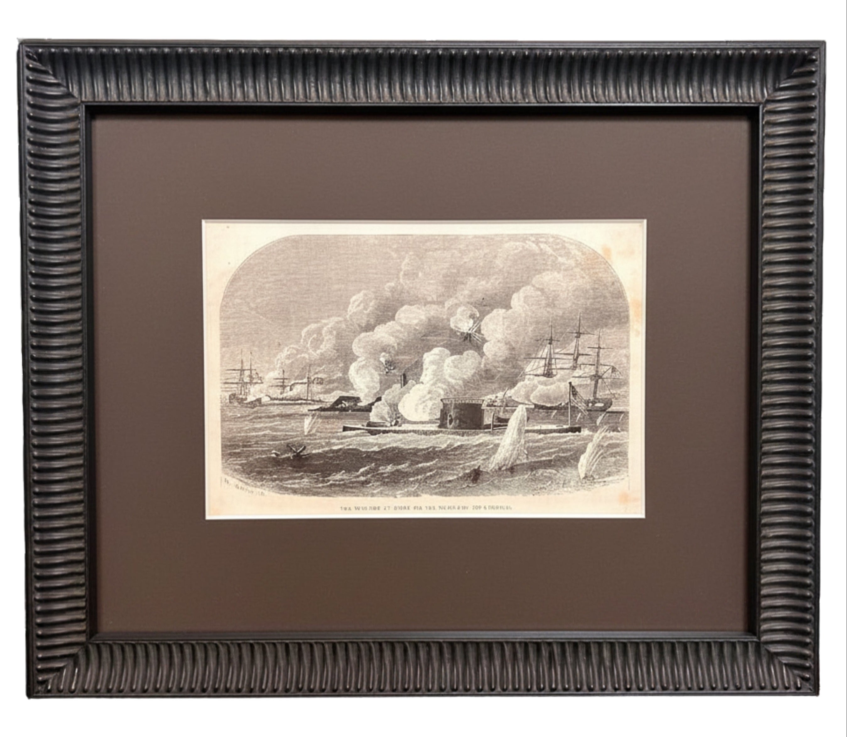 "The Monitor at Work on the Merrimac (or Virginia)." Civil War Battle Scene by Harry Fenn, Published by N. Orr Co.
