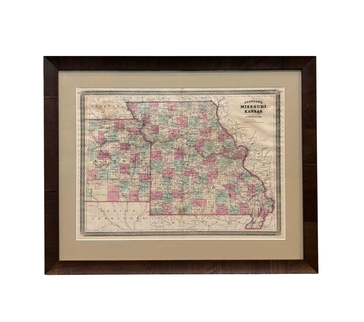 1870 "Johnson's Missouri and Kansas" Map, Published by A. J. Johnson