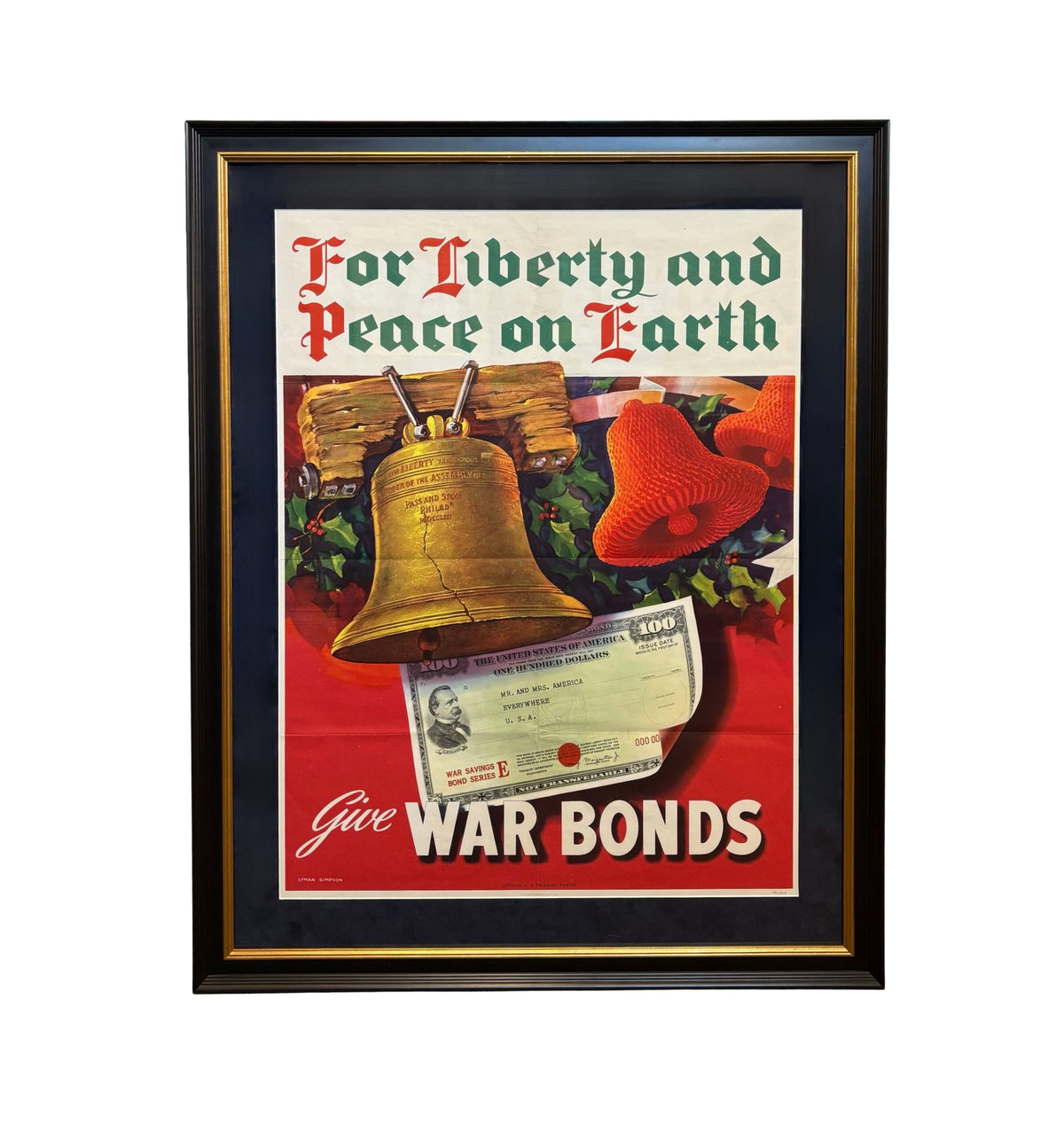 "For Liberty and Peace on Earth Give War Bonds" Vintage WWII Christmas Poster by Lyman Simpson, 1944