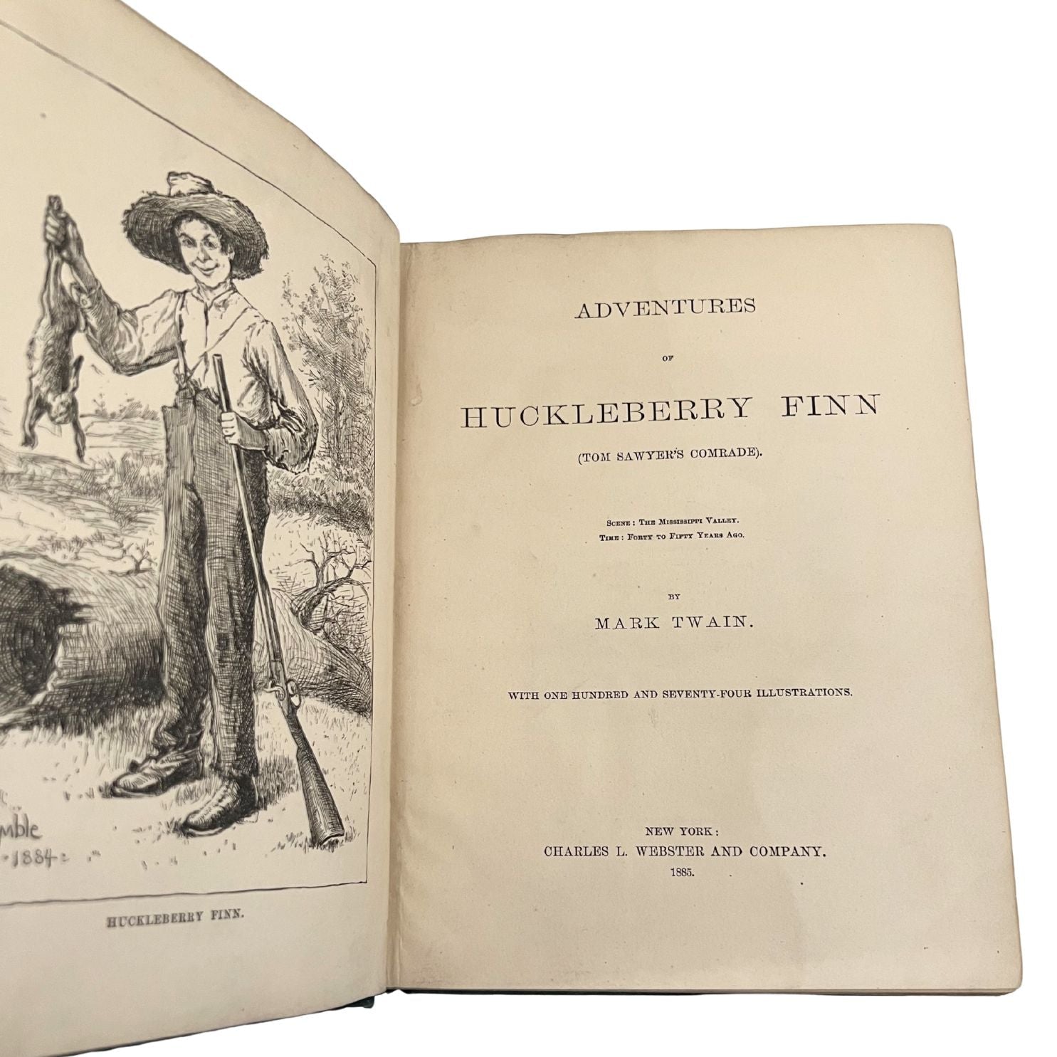 Adventures of Huckleberry Finn by Mark Twain, First American Edition, Later State, in Green Cloth, 1885 - The Great Republic