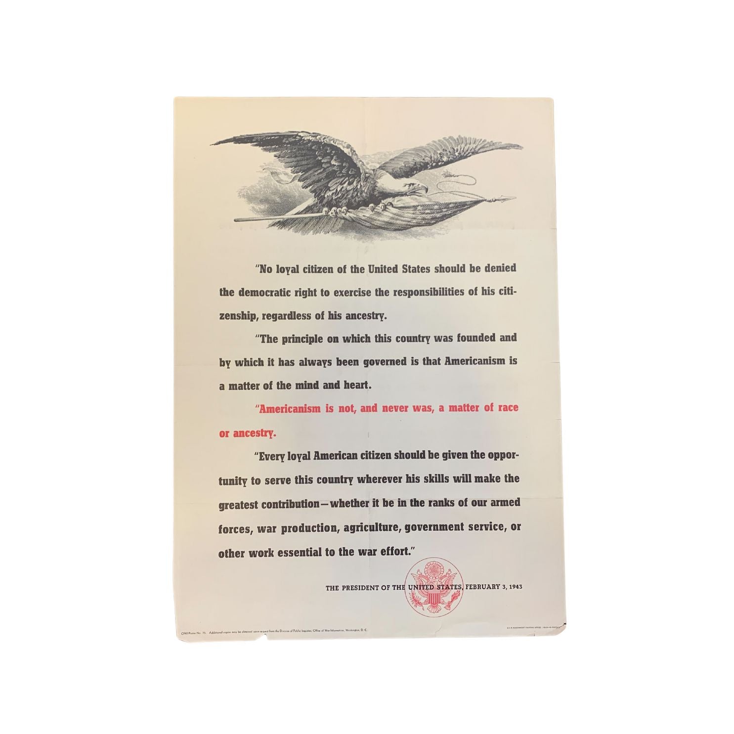 "Americanism is not, and never was, a matter of race or ancestry." Vintage WWII Poster, 1943 - The Great Republic