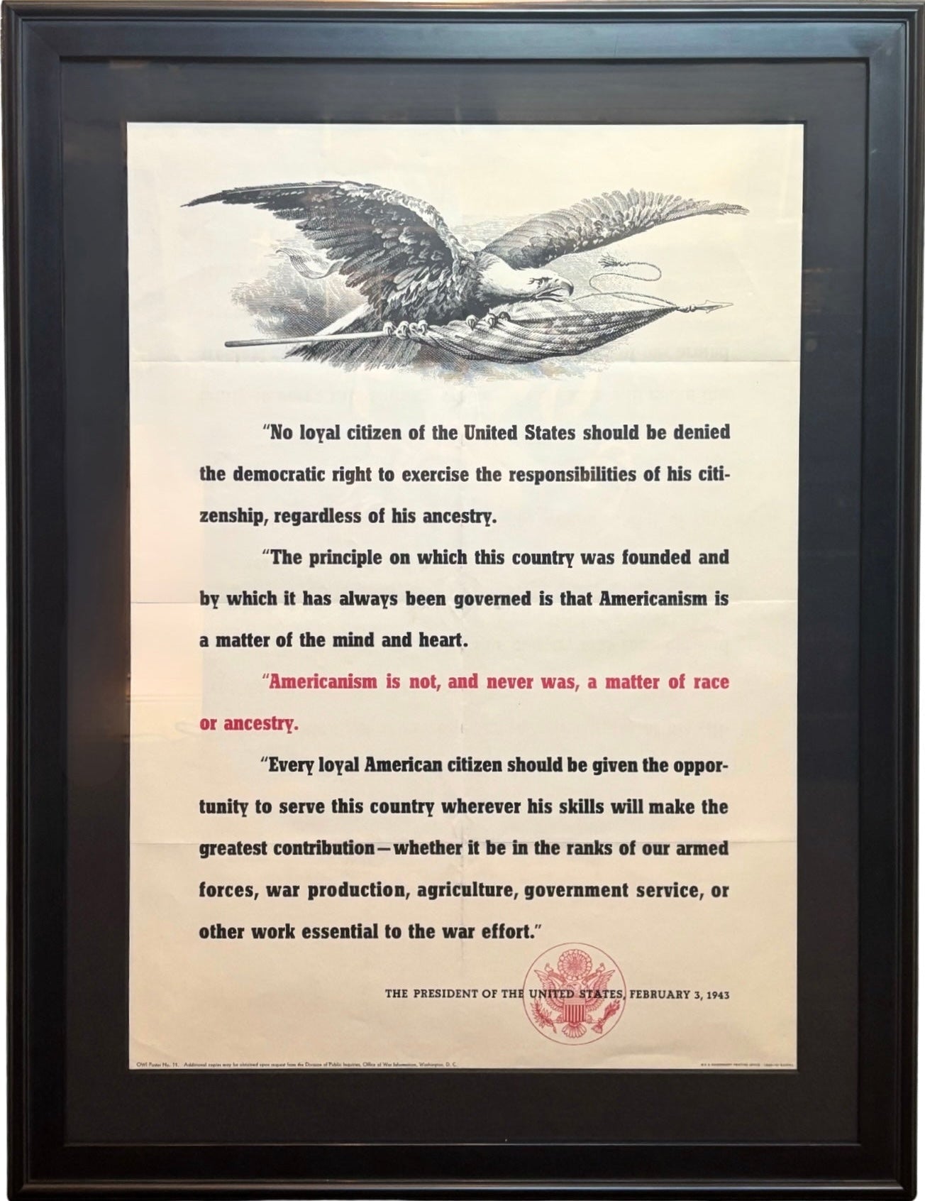 "Americanism is not, and never was, a matter of race or ancestry." Vintage WWII Poster, 1943 - The Great Republic