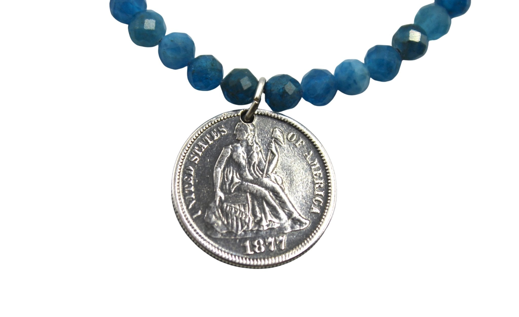 Antique 1877 Seated Liberty Coin Engraved Love Token on a Faceted Apatite Necklace - The Great Republic