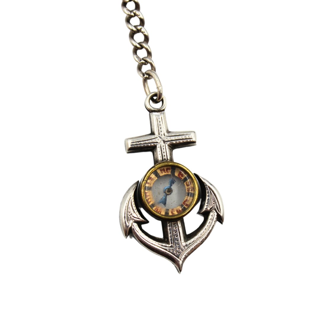 Antique Anchor Compass Watch Fob Necklace on Silver Figaro Pocket Watch Chain, 1918 - The Great Republic
