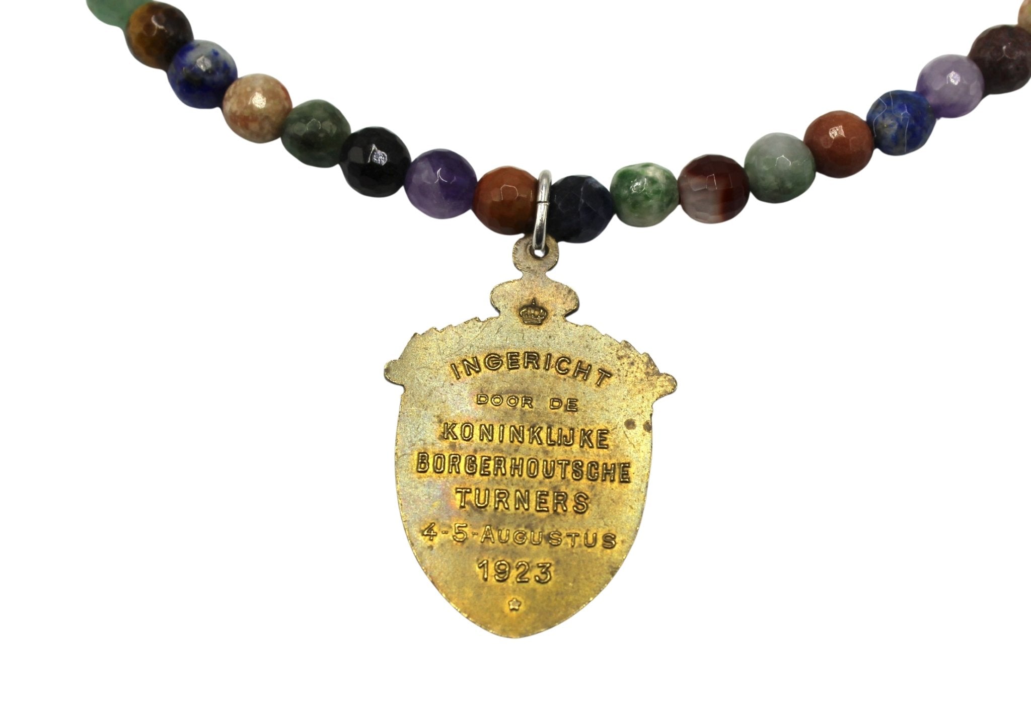Antique Belgian 1923 "XXVII Noodergouwteest Borgerhout" Medal on Faceted Multistone Necklace - The Great Republic