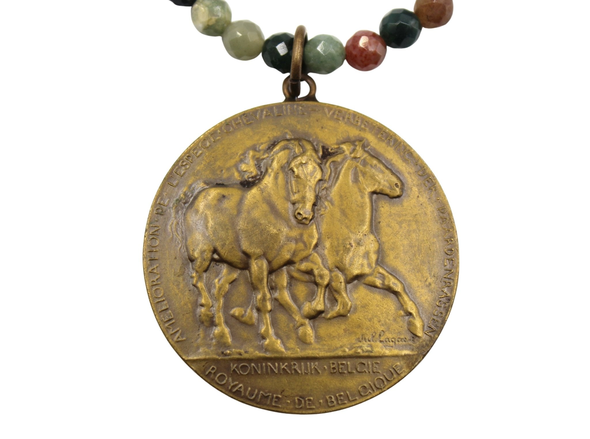Antique Belgian Bronze Draft Horse Medal on Faceted Multi Stone Beaded Necklace - The Great Republic