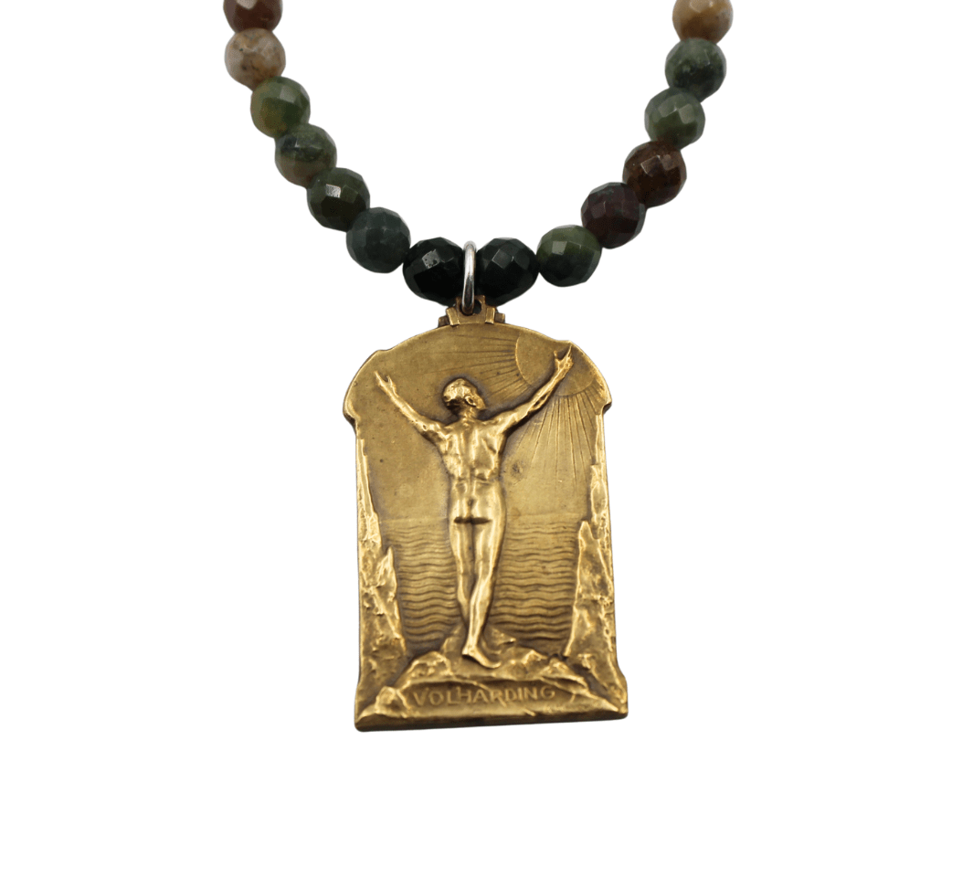 Antique Belgian Bronze Perseverance Medal on a Multistone Necklace - The Great Republic