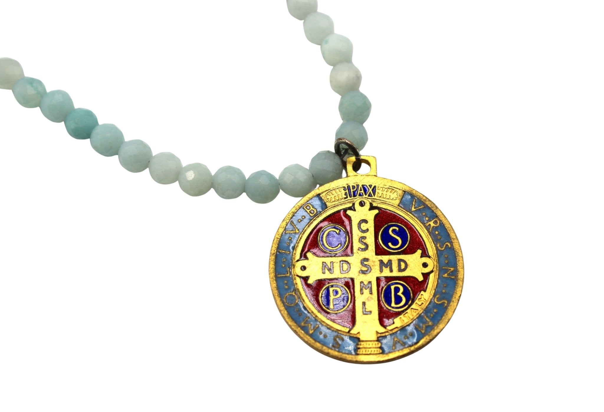 Antique Belgian Enameled Medal of Saint Benedict on Faceted Amazonite Necklace - The Great Republic