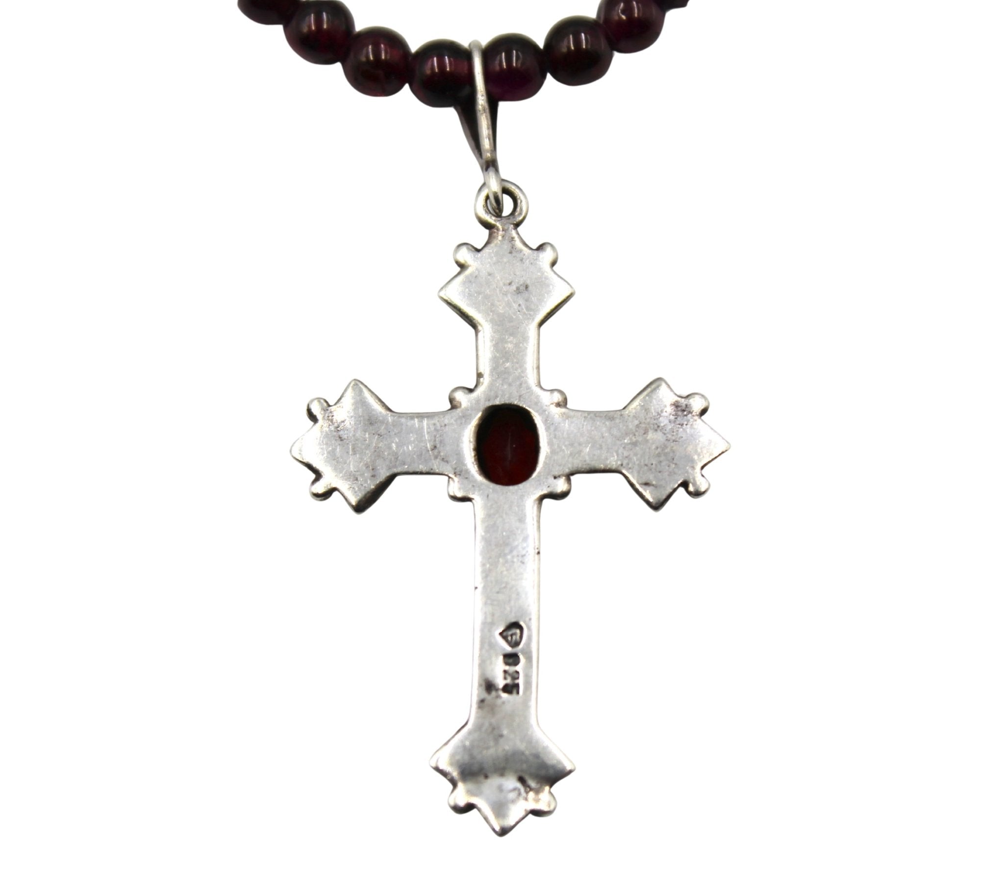 Antique Belgian Garnet, Marcasite, and Sterling Silver Cross on Garnet Bead Necklace - The Great Republic