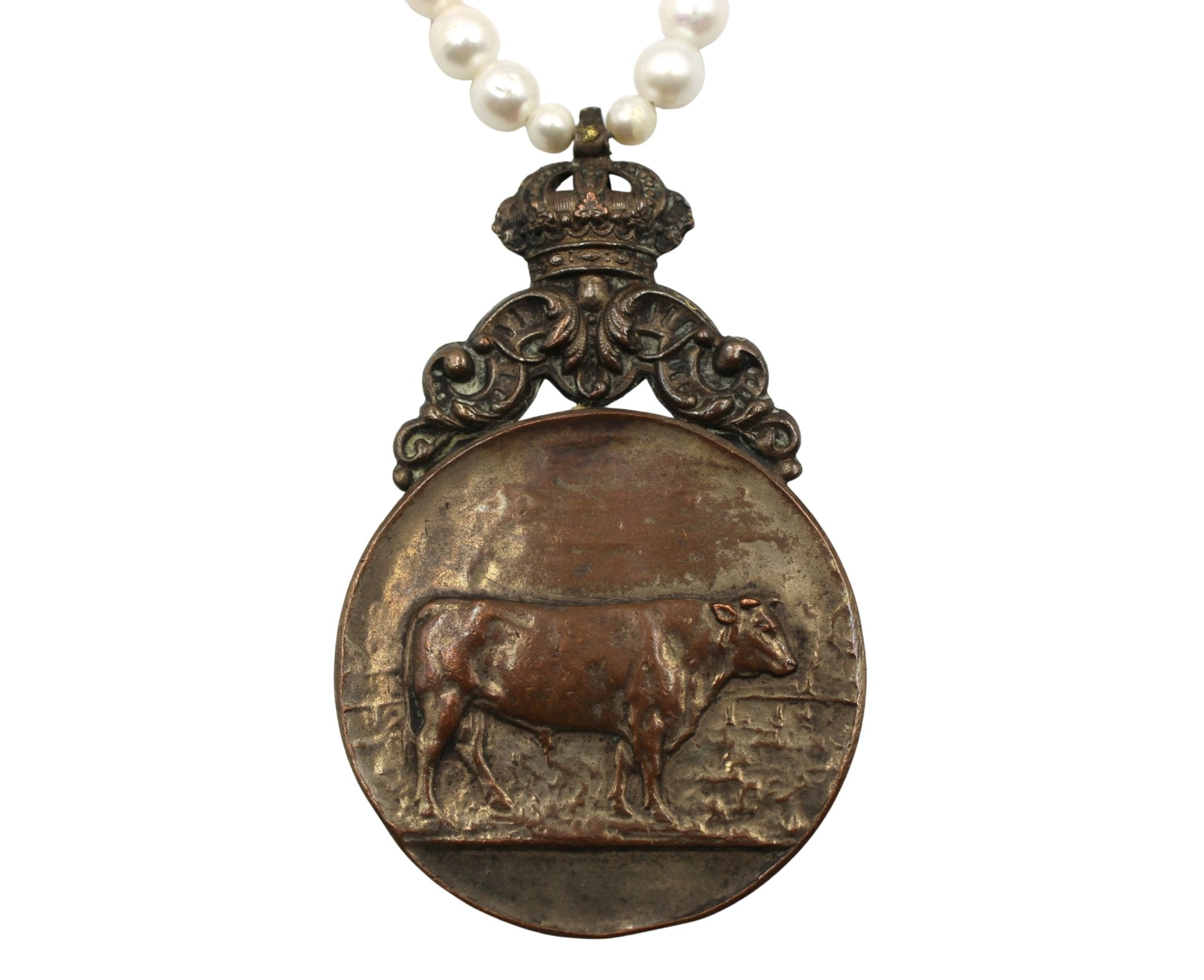 Antique Belgian Silvered Bronze Bull Medal on Freshwater Pearl Necklace - The Great Republic