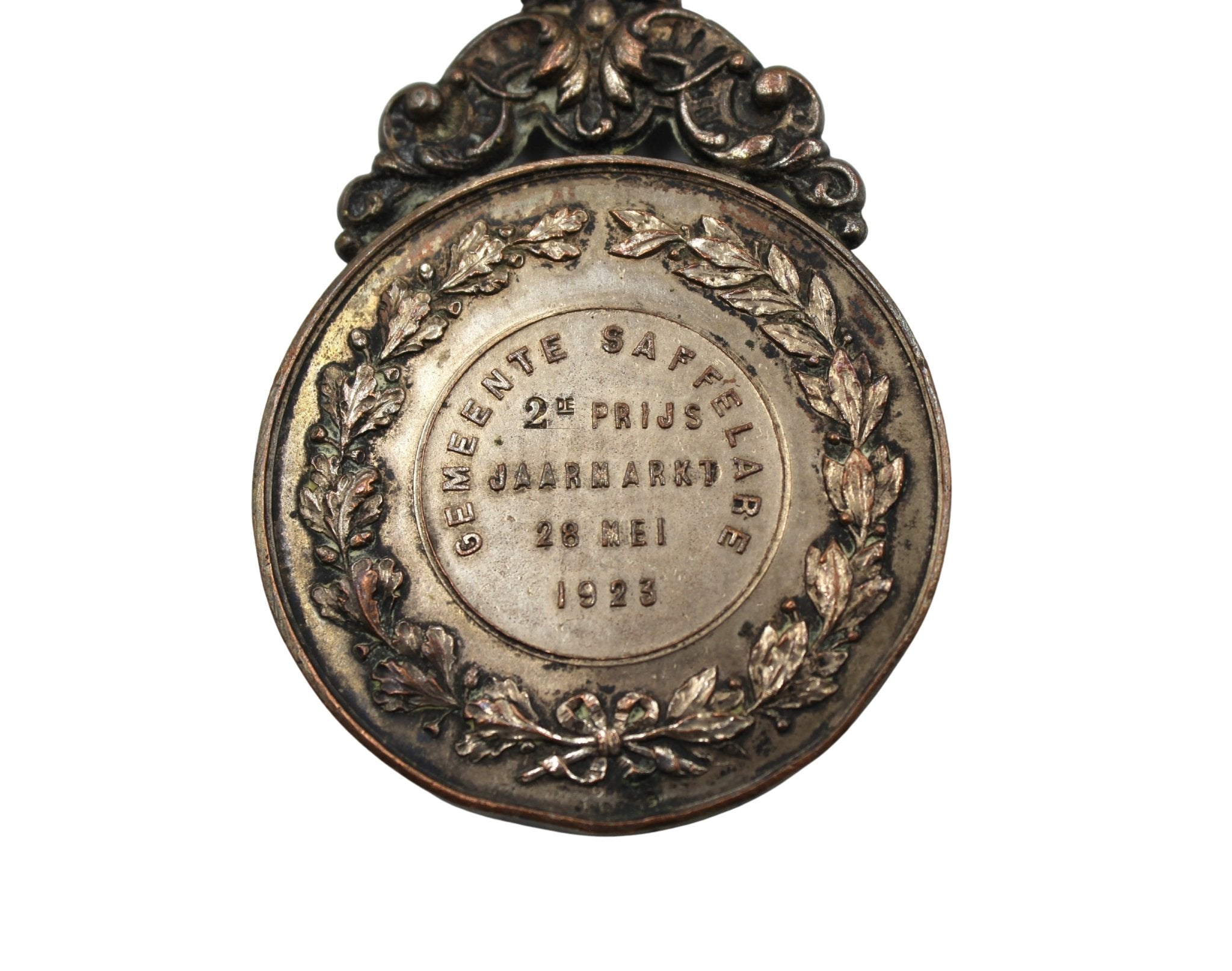 Antique Belgian Silvered Bronze Bull Medal on Freshwater Pearl Necklace - The Great Republic