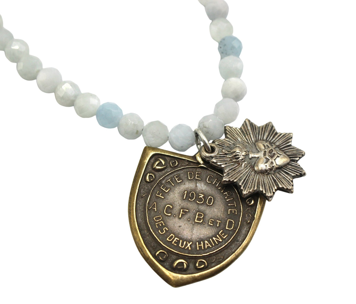 Antique Belgian Sporting Medal on a Faceted Aquamarine Necklace - The Great Republic