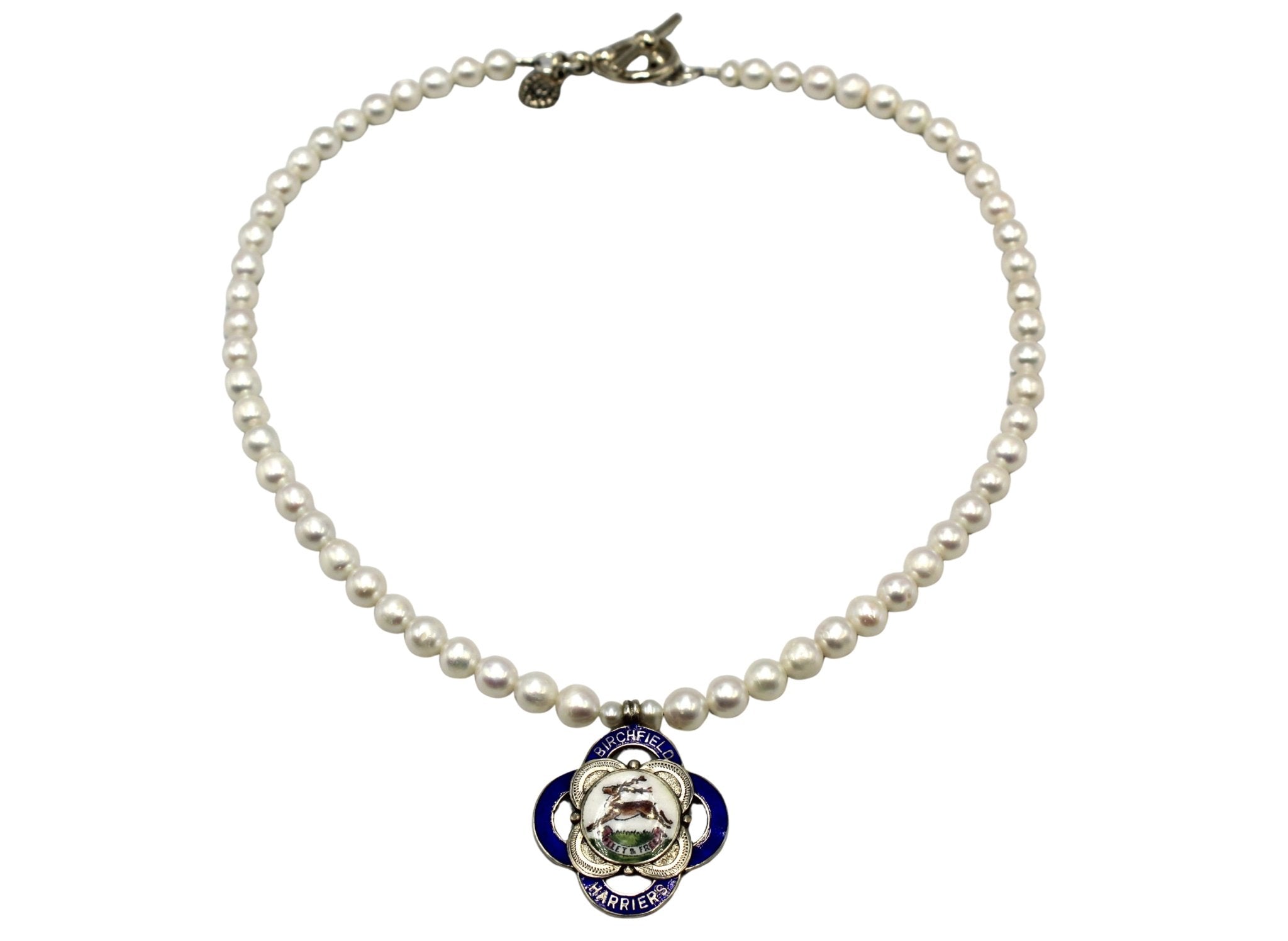 Antique British 1938 "Birchfield Harriers" Sterling Silver and Enamel Fob Medal on Freshwater Pearl Necklace - The Great Republic