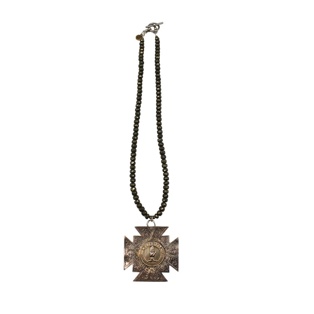 Antique British "Heart in Hand" Sterling Silver Medal on a Faceted Pyrite Necklace - The Great Republic