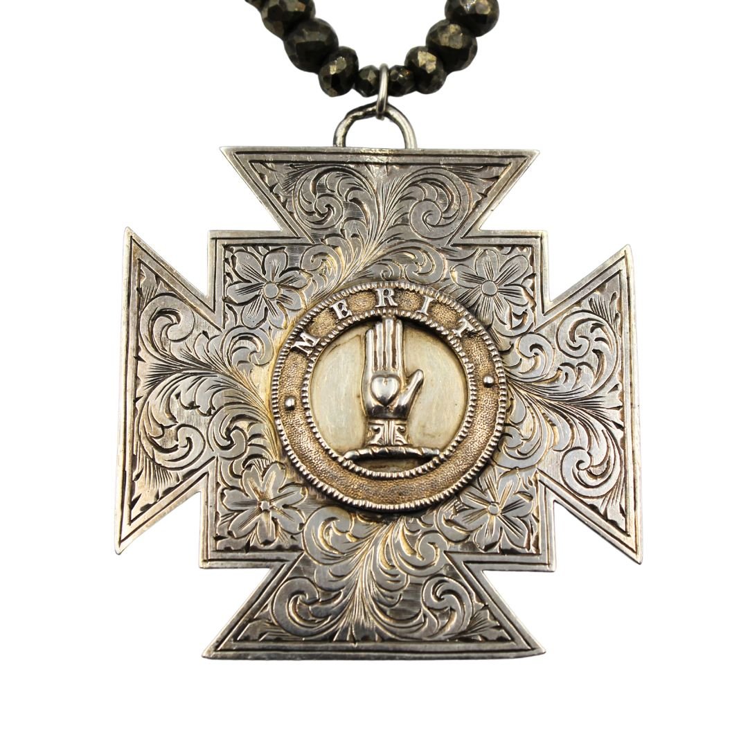 Antique British "Heart in Hand" Sterling Silver Medal on a Faceted Pyrite Necklace - The Great Republic