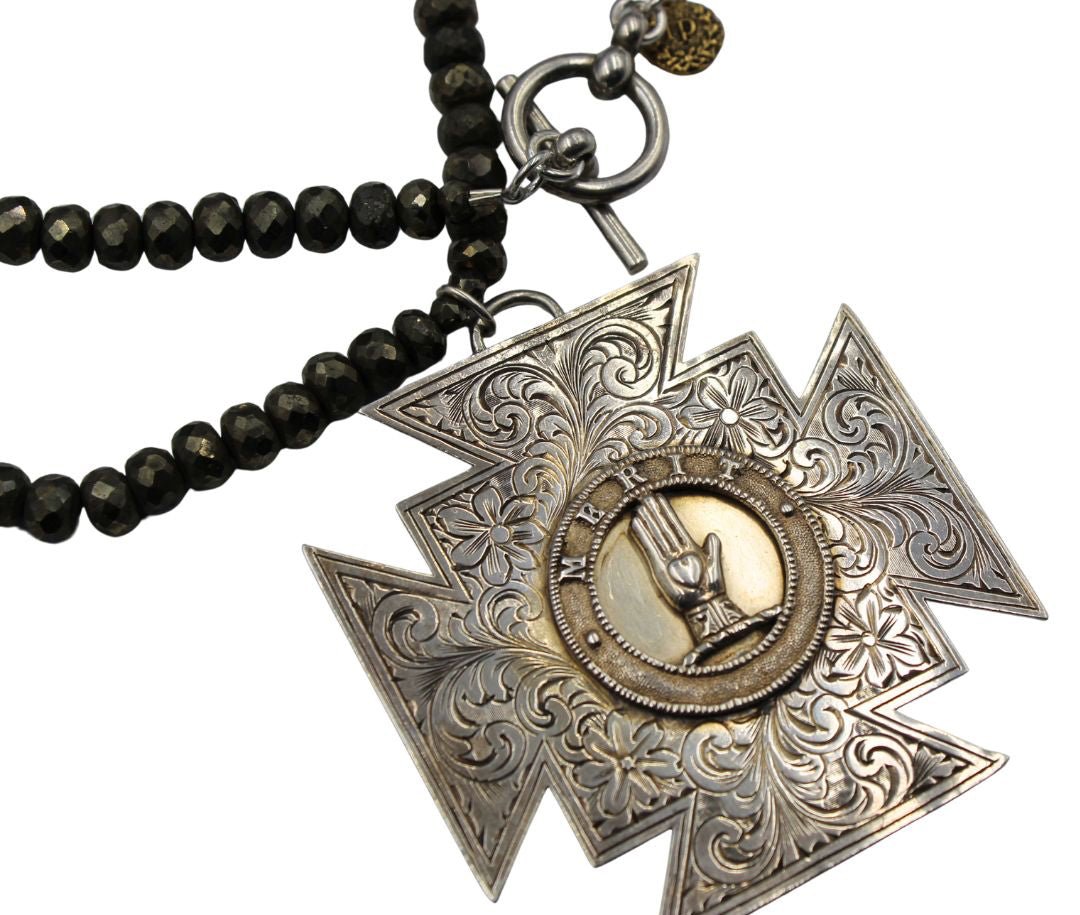 Antique British "Heart in Hand" Sterling Silver Medal on a Faceted Pyrite Necklace - The Great Republic