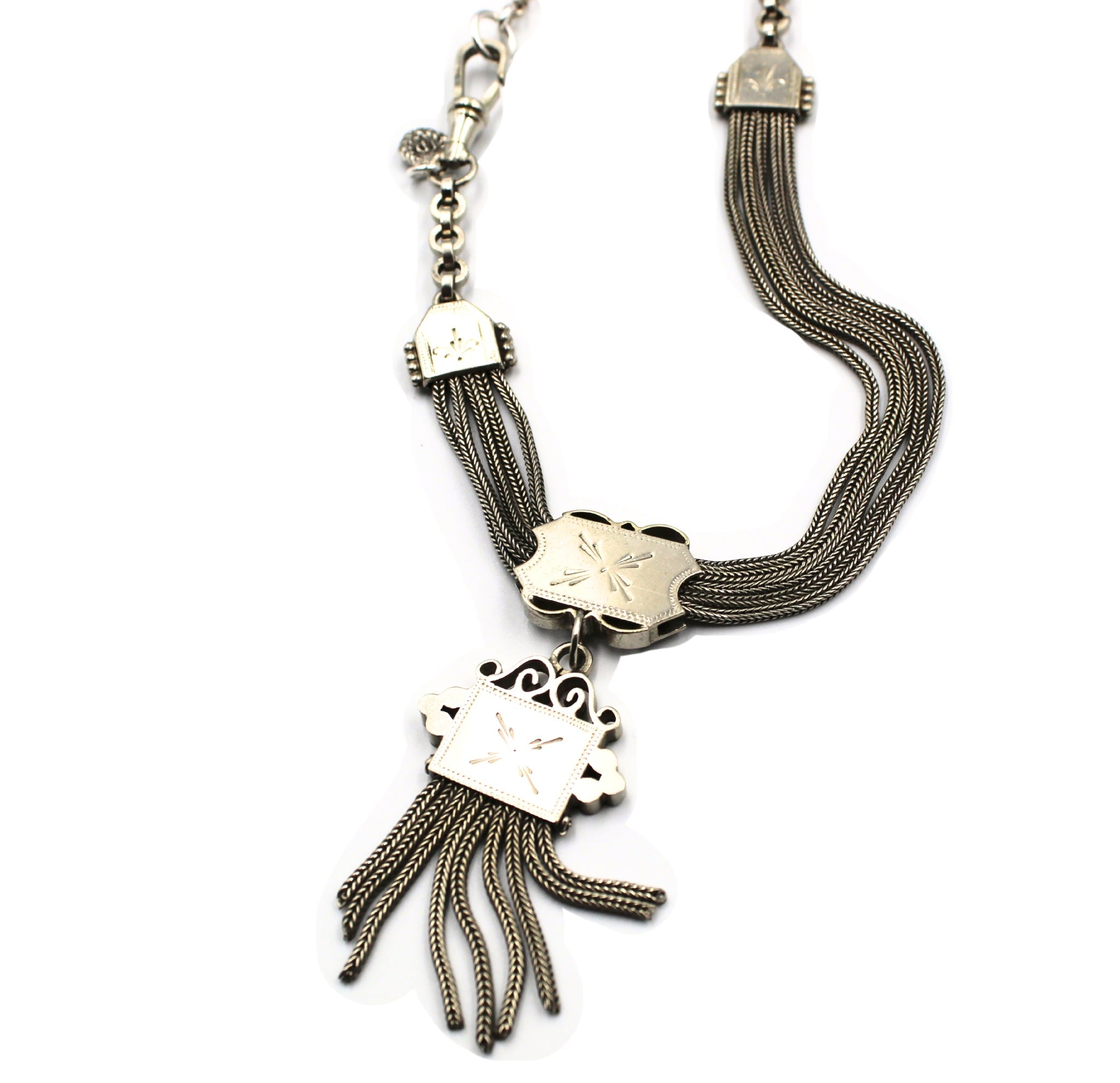 Antique British Silver Sliding Pocket Watch Chain Necklace with Tassel Fob - The Great Republic