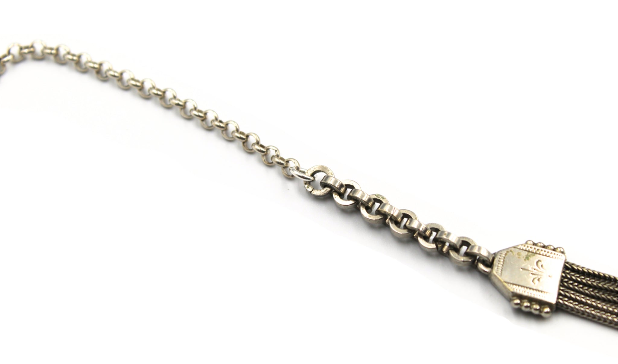 Antique British Silver Sliding Pocket Watch Chain Necklace with Tassel Fob - The Great Republic