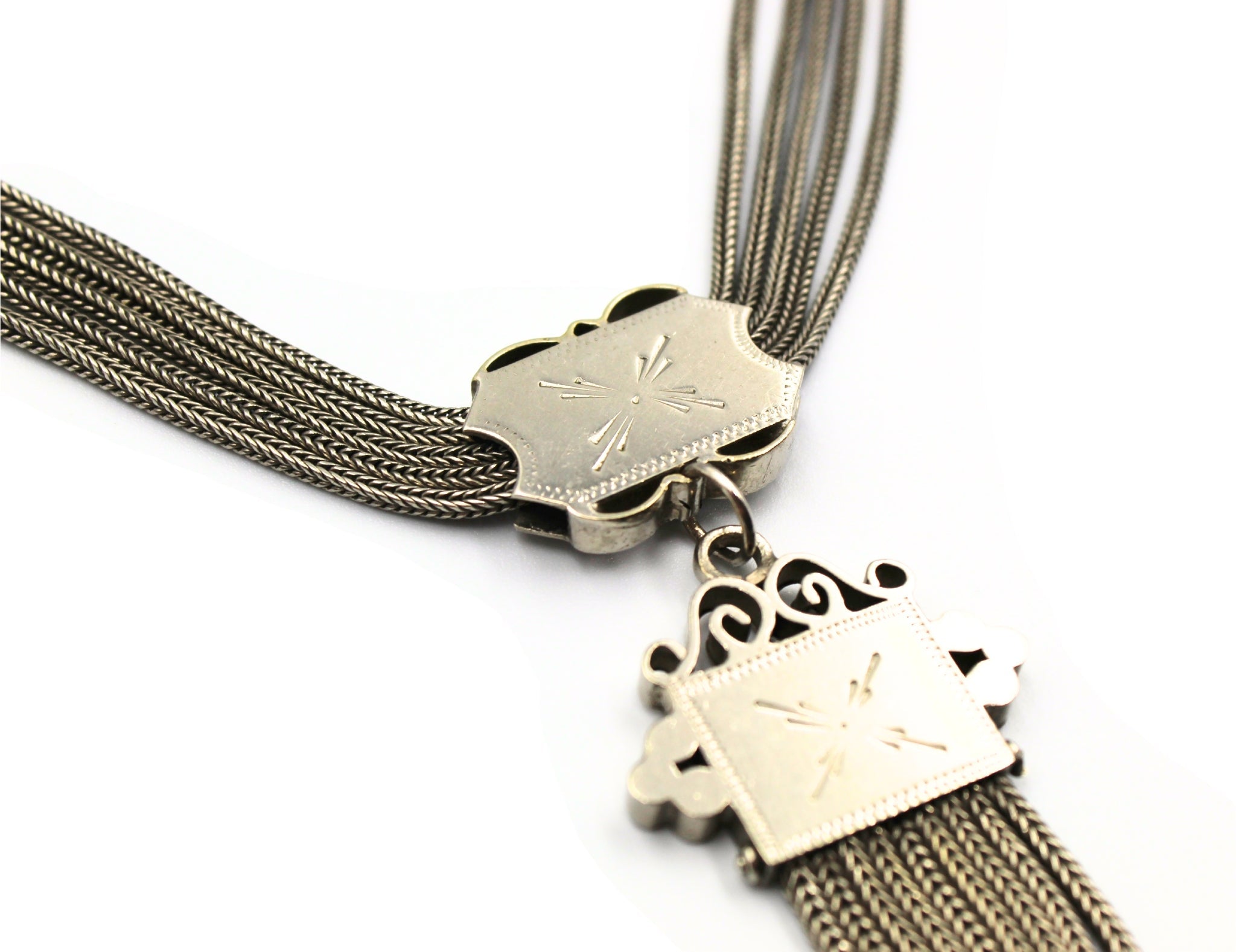 Antique British Silver Sliding Pocket Watch Chain Necklace with Tassel Fob - The Great Republic