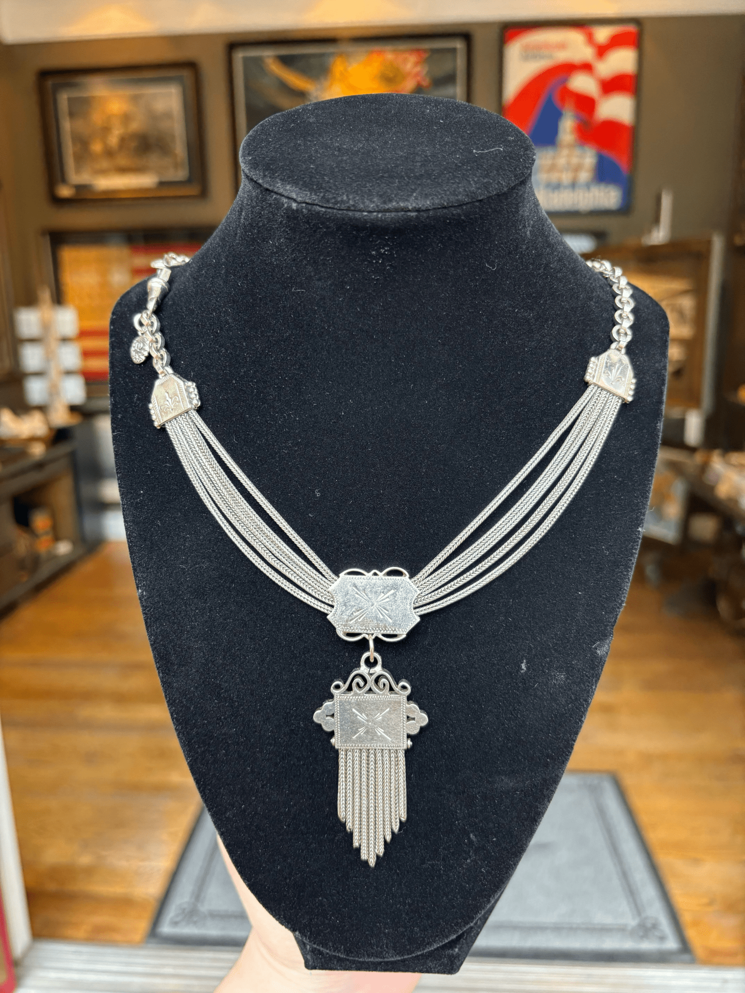 Antique British Silver Sliding Pocket Watch Chain Necklace with Tassel Fob - The Great Republic