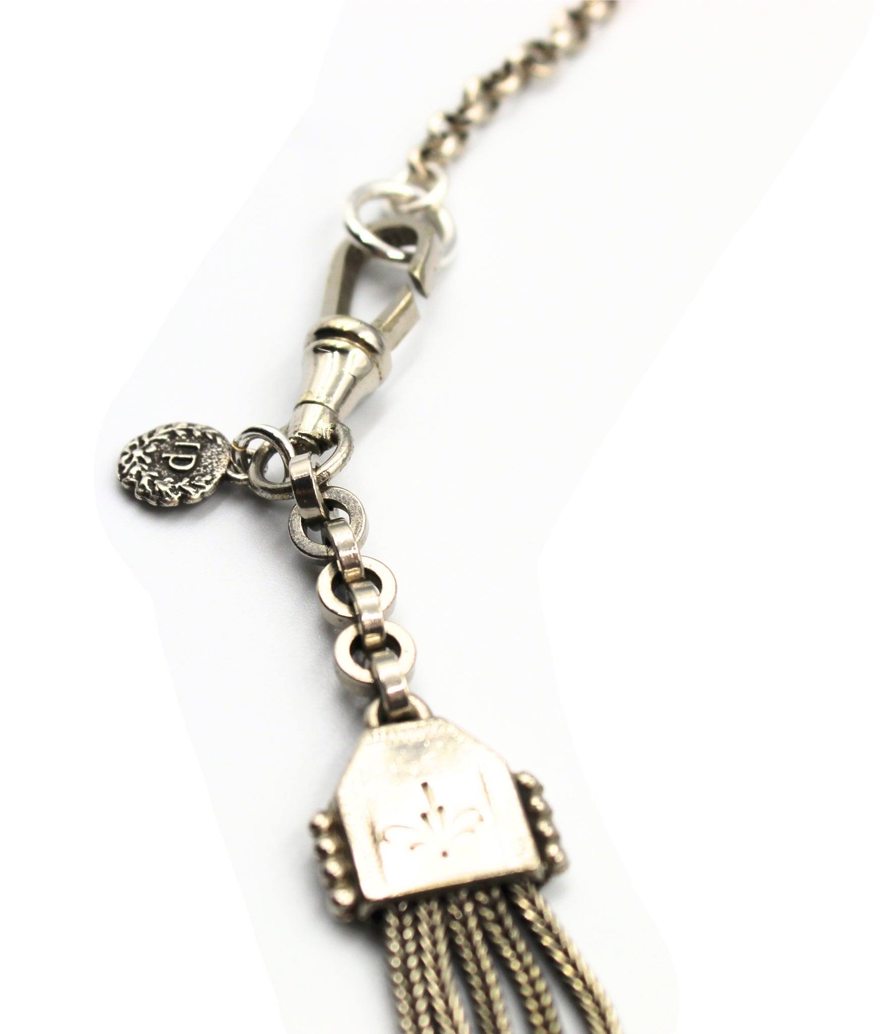 Antique British Silver Sliding Pocket Watch Chain Necklace with Tassel Fob - The Great Republic