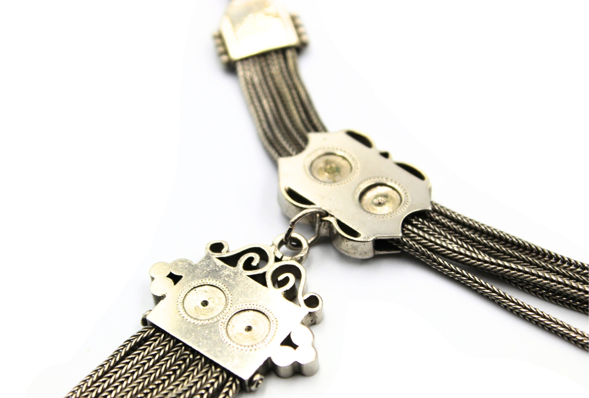 Antique British Silver Sliding Pocket Watch Chain Necklace with Tassel Fob - The Great Republic