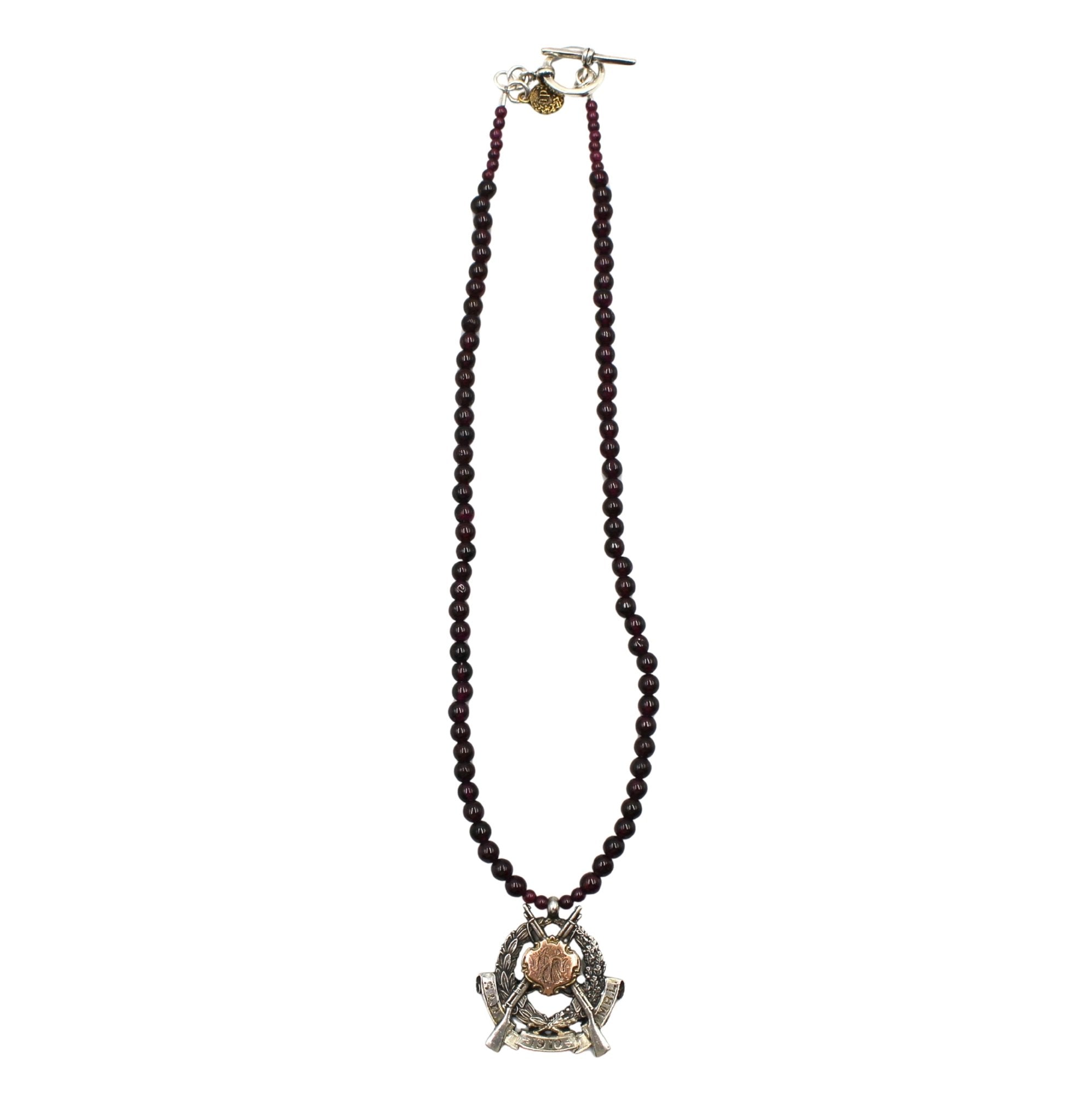 Antique British Sterling Silver and Rose Gold Rifle Medal on Garnet Bead Necklace - The Great Republic