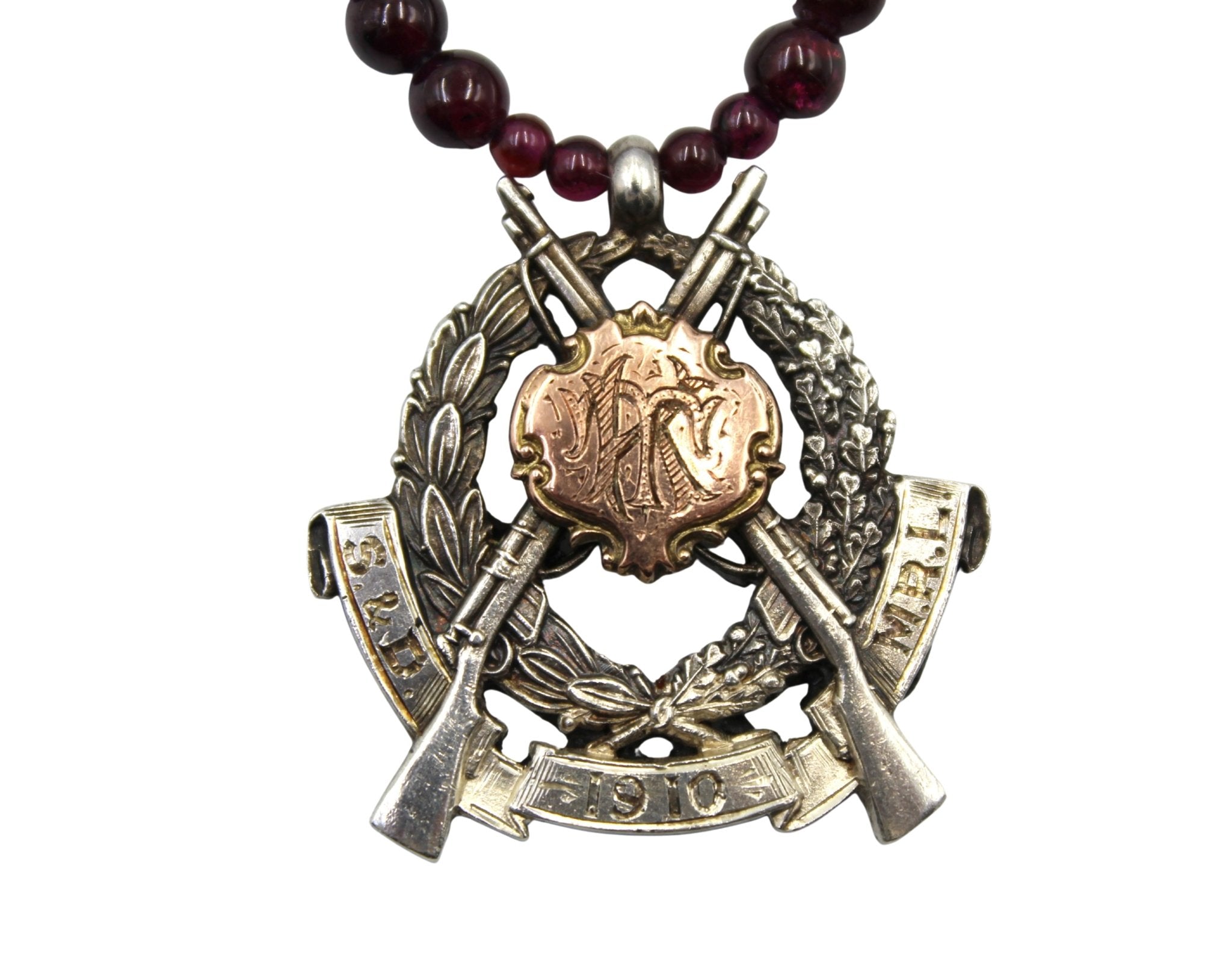 Antique British Sterling Silver and Rose Gold Rifle Medal on Garnet Bead Necklace - The Great Republic