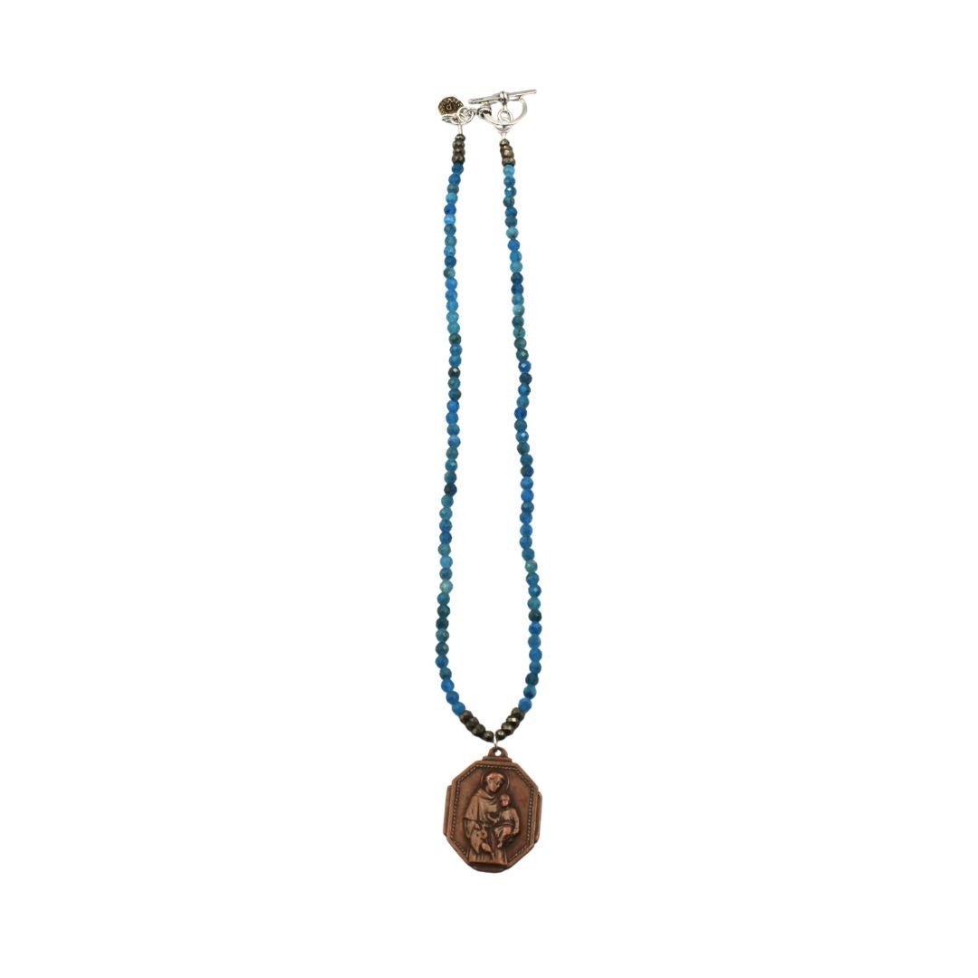 Antique Bronze Saint Anthony of Padua Charm from Uruguay on Faceted Apatite Necklace - The Great Republic