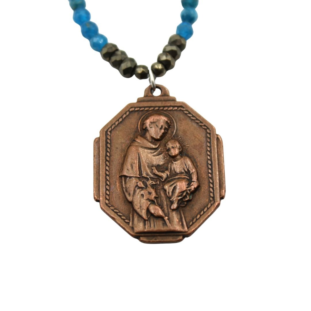 Antique Bronze Saint Anthony of Padua Charm from Uruguay on Faceted Apatite Necklace - The Great Republic