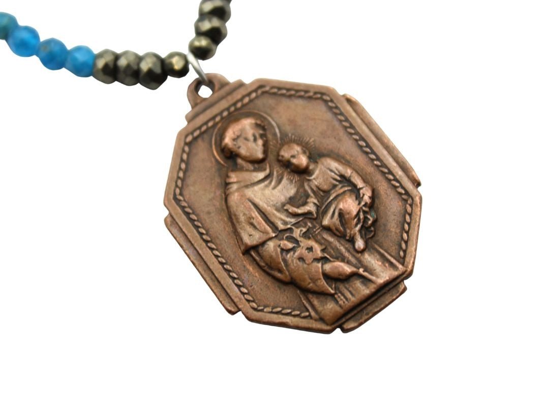Antique Bronze Saint Anthony of Padua Charm from Uruguay on Faceted Apatite Necklace - The Great Republic