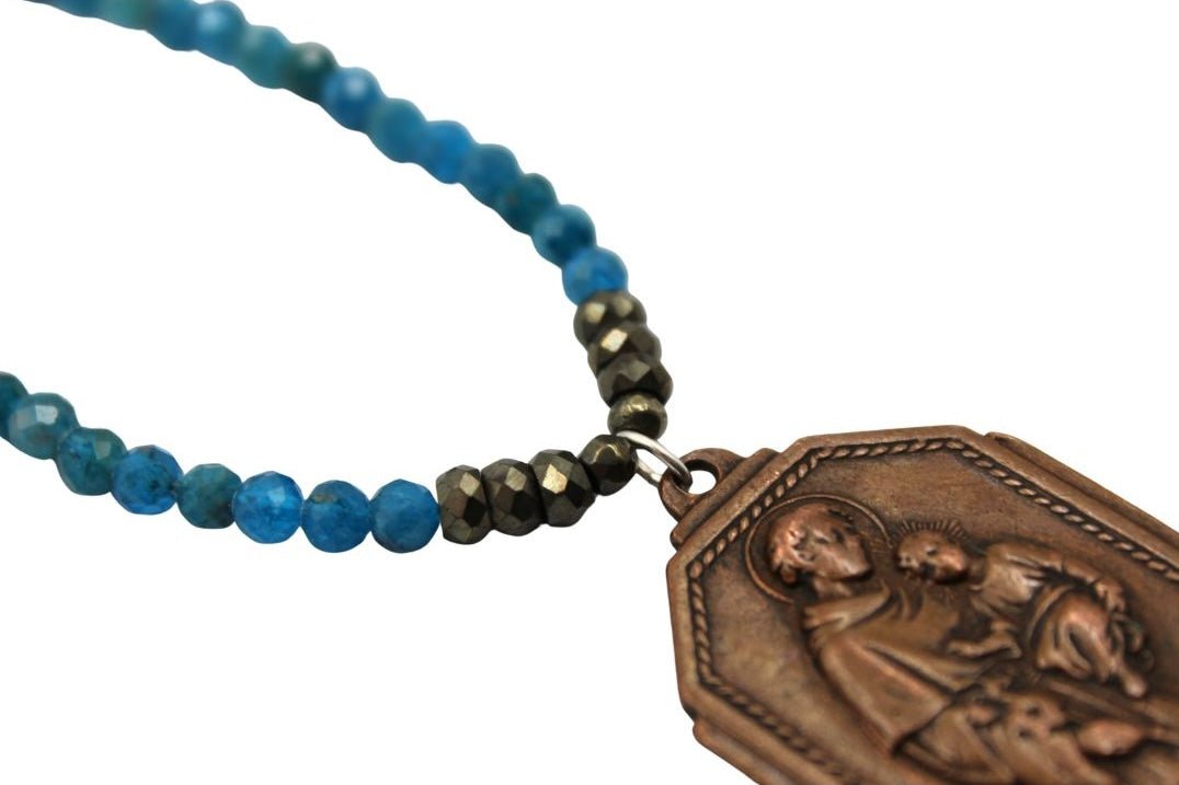 Antique Bronze Saint Anthony of Padua Charm from Uruguay on Faceted Apatite Necklace - The Great Republic