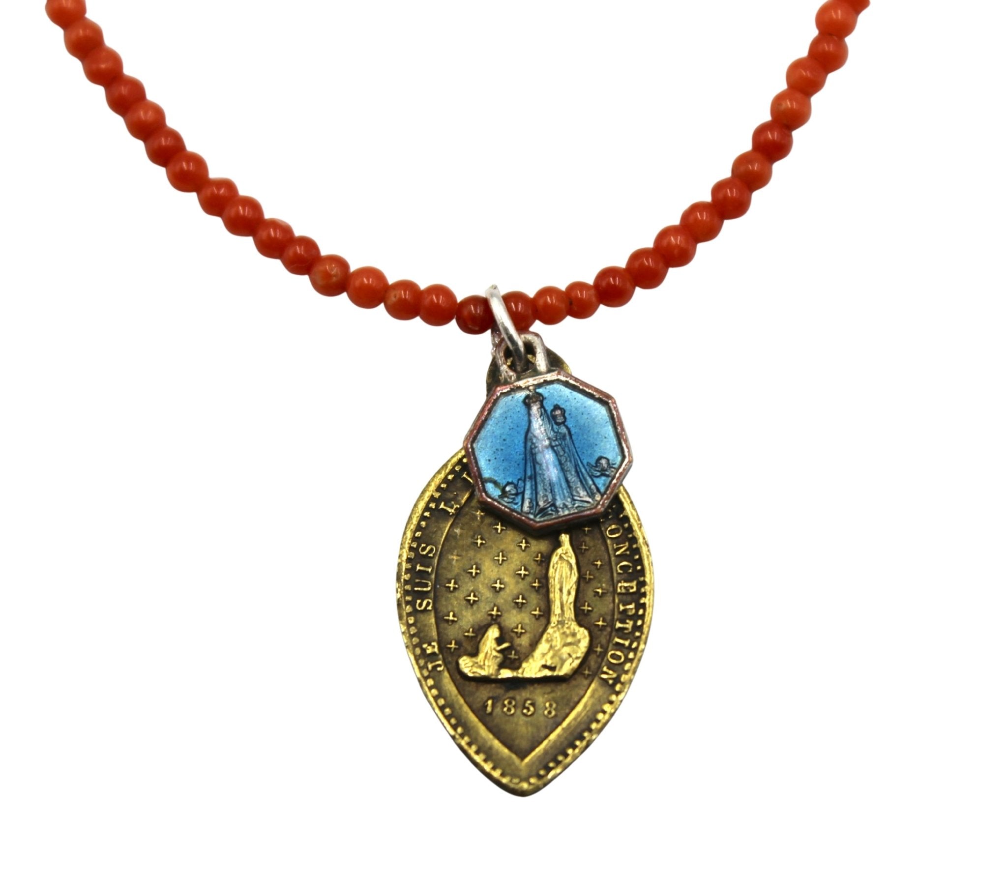 Antique French Medal of Saint Bernadette on Red Coral and Faceted Pyrite Necklace - The Great Republic