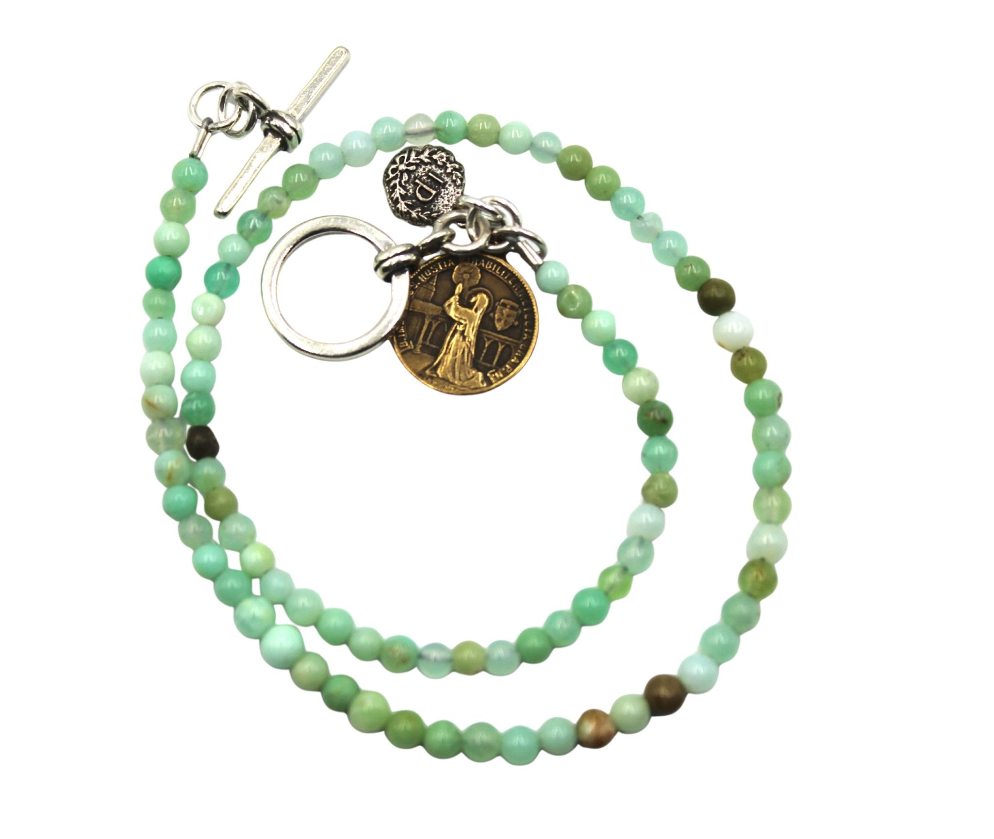 Antique Medal of Jesus Charm on Chrysoprase Double Wrap Bracelet - The Great Republic