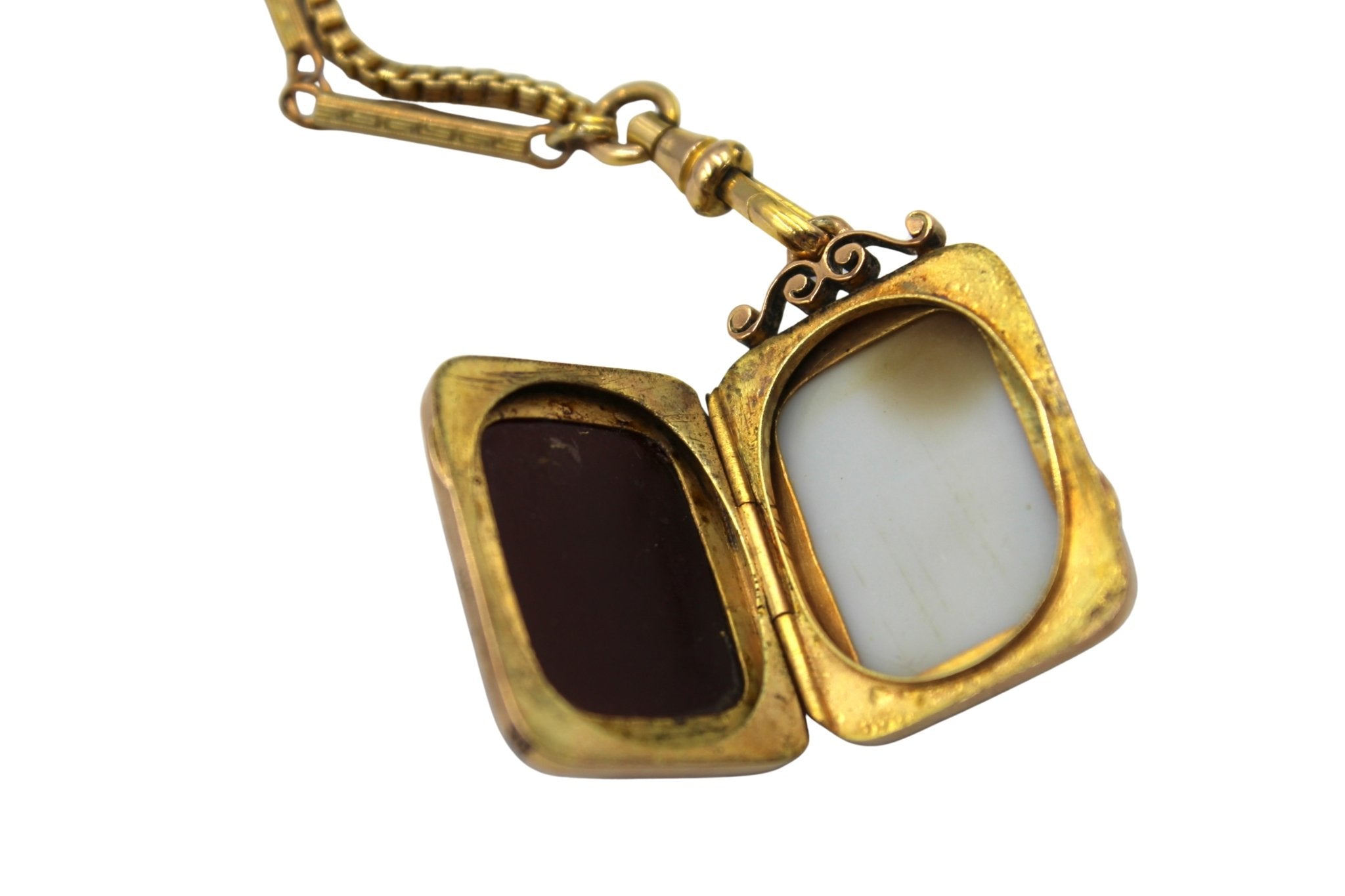 Antique Rose Gold and Onyx Intaglio Locket on Gold Filled Pocket Watch Chains - The Great Republic