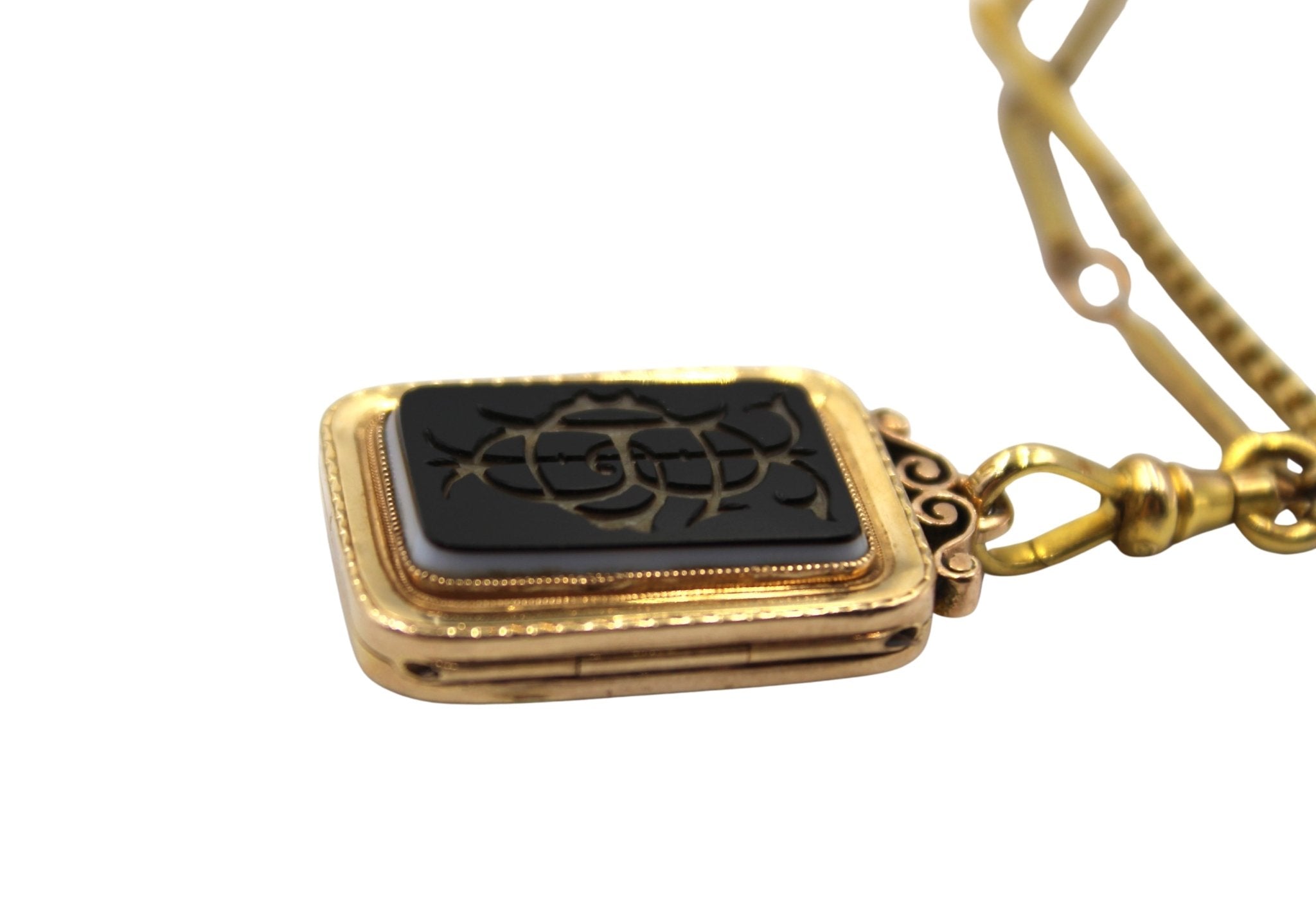 Antique Rose Gold and Onyx Intaglio Locket on Gold Filled Pocket Watch Chains - The Great Republic