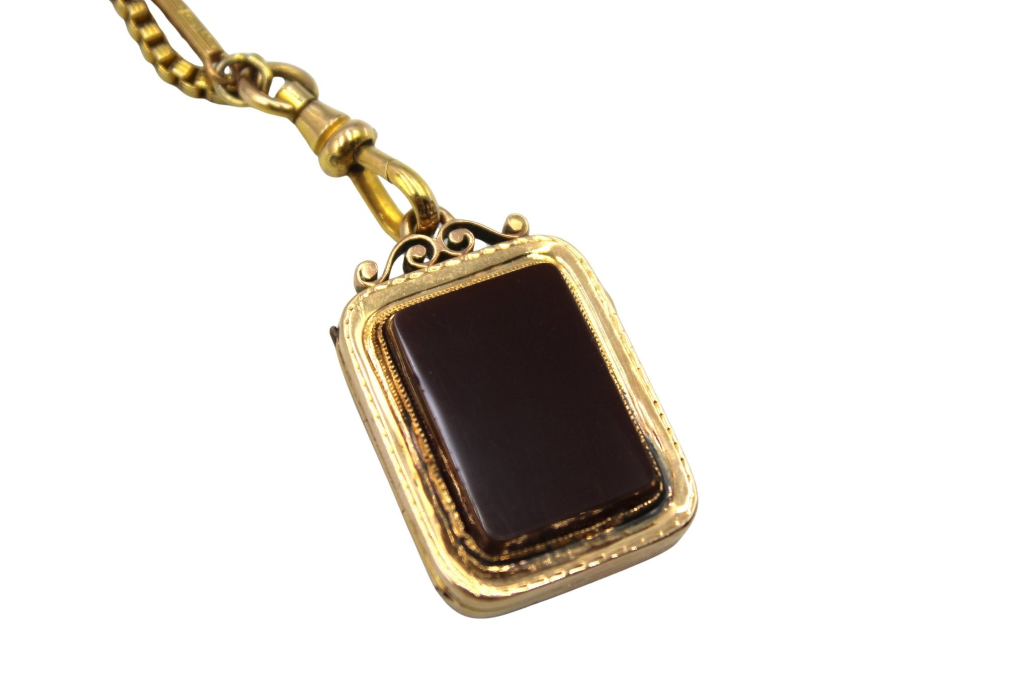Antique Rose Gold and Onyx Intaglio Locket on Gold Filled Pocket Watch Chains - The Great Republic