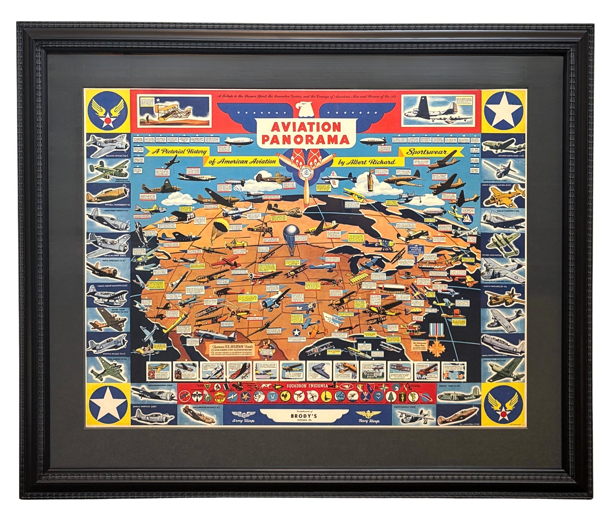 "Aviation Panorama: A Pictorial History of American Aviation" Map of the United States by F. E. Cheeseman, circa 1944 - The Great Republic