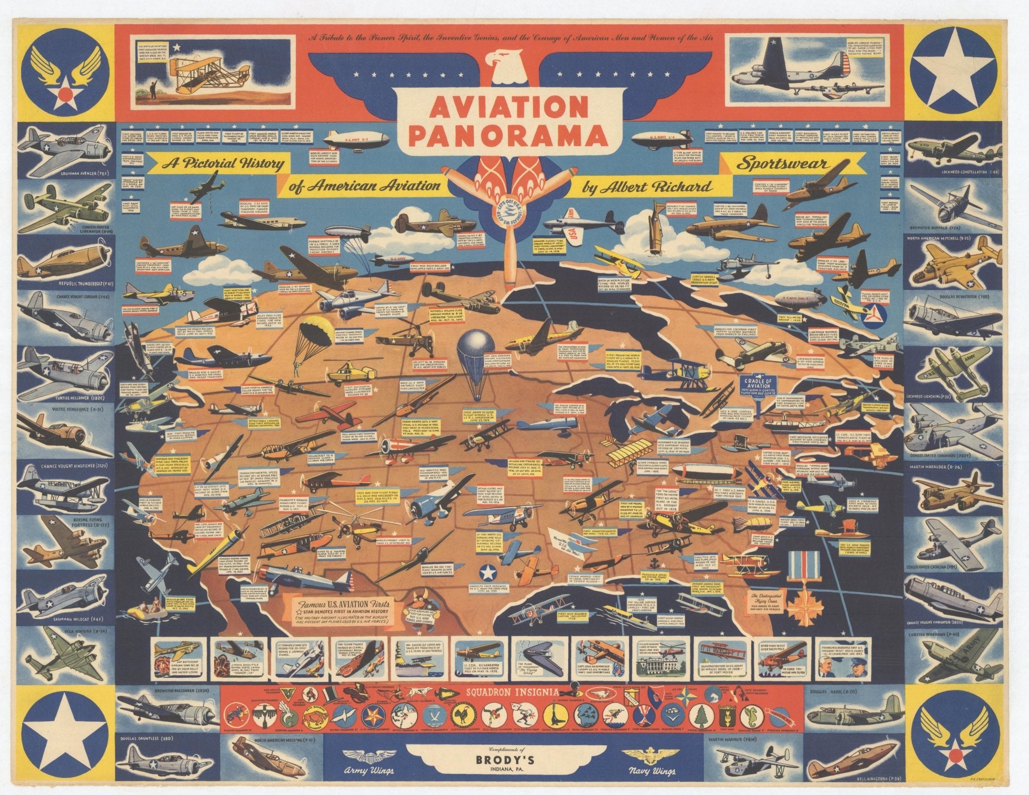"Aviation Panorama: A Pictorial History of American Aviation" Map of the United States by F. E. Cheeseman, circa 1944 - The Great Republic