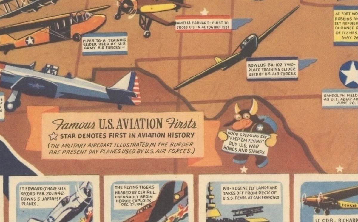 "Aviation Panorama: A Pictorial History of American Aviation" Map of the United States by F. E. Cheeseman, circa 1944 - The Great Republic