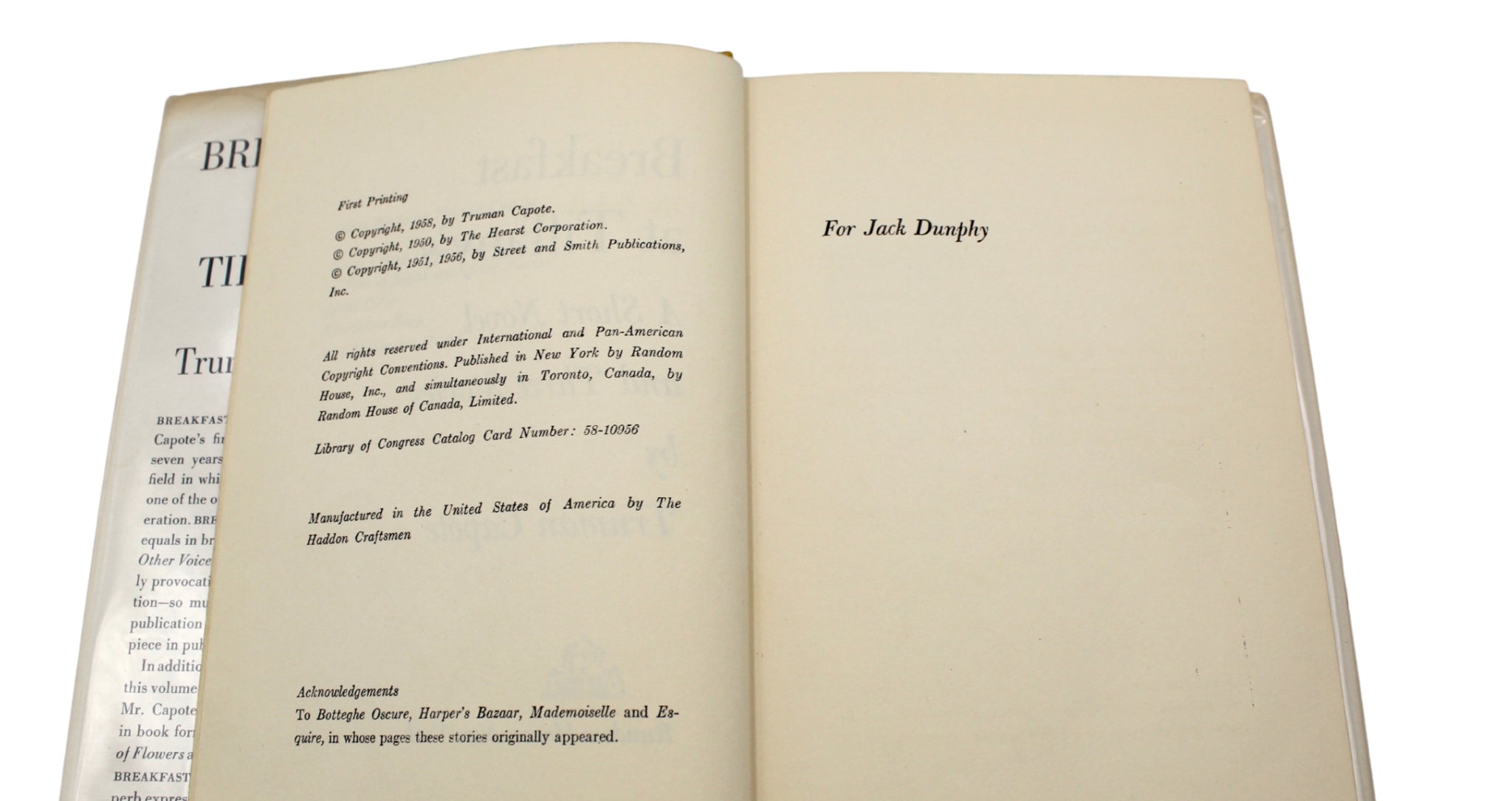 Breakfast at Tiffany's: A Short Novel and Three Stories, Signed by Truman Capote, First Edition, First Printing, in First Issue Dust Jacket, 1958 - The Great Republic