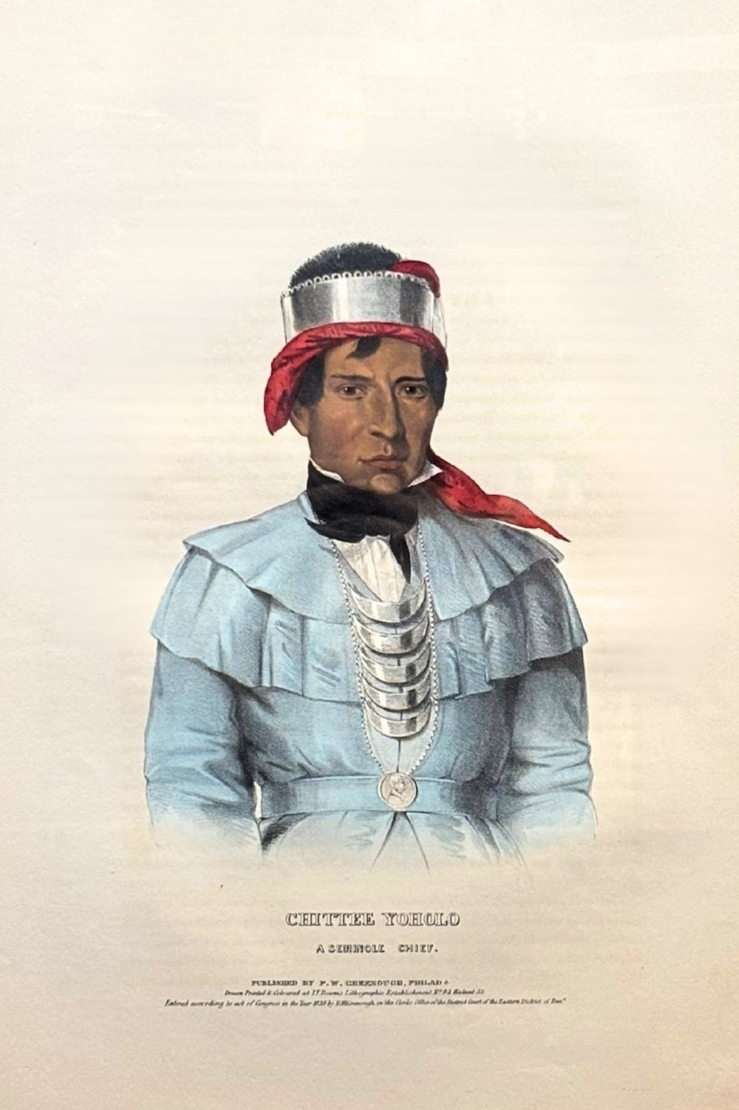"Chittee Yoholo: A Seminole Chief" Hand-colored Lithograph by Thomas L. McKenney and James Hall, Folio Edition, 1838